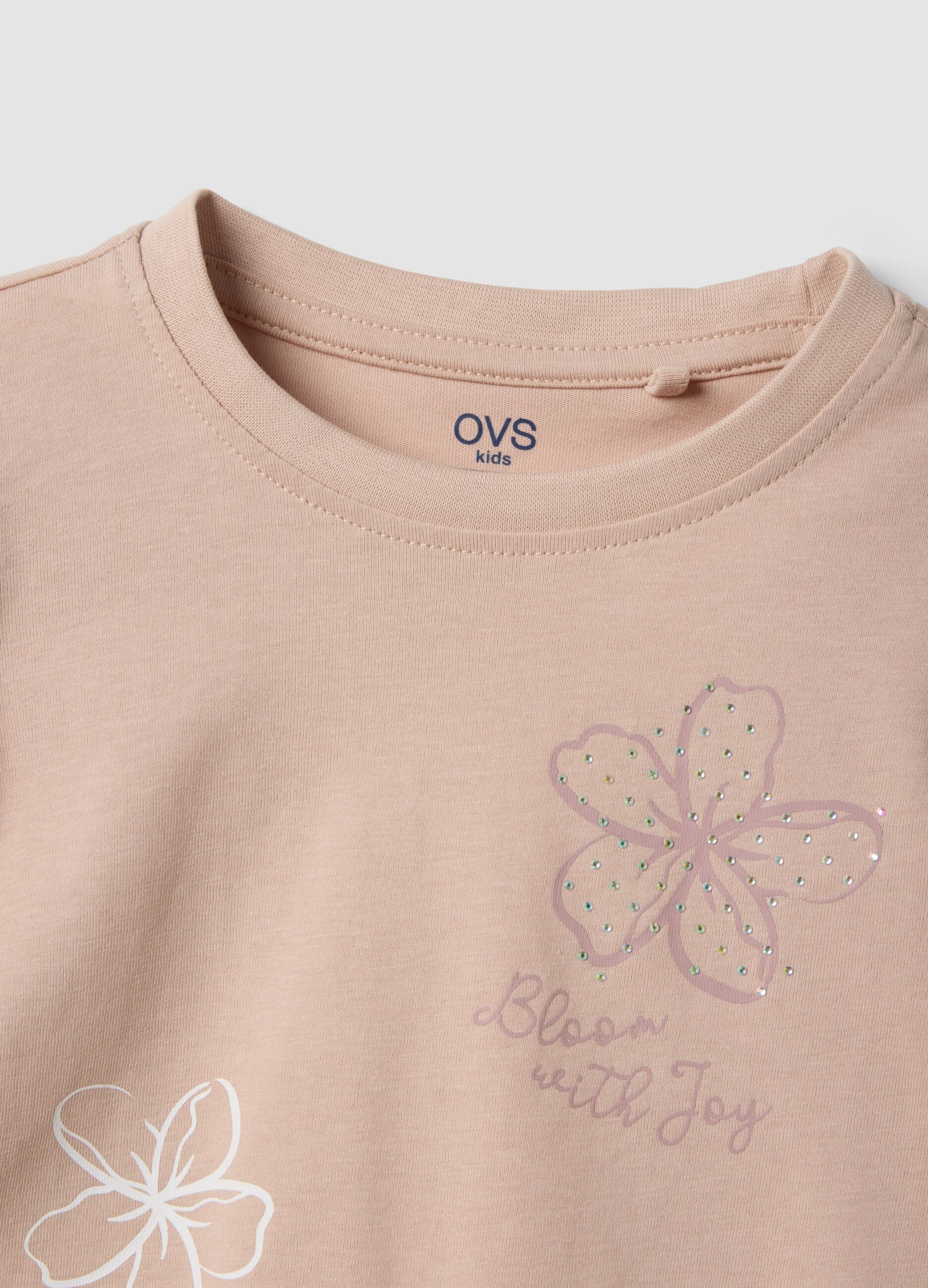 Girls&rsquo; beige pure cotton T-shirt with ruffles and rhinestones