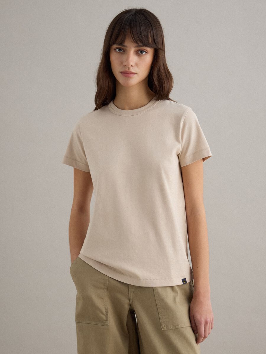 Beige pure cotton crew-neck T-shirt, regular fit_0