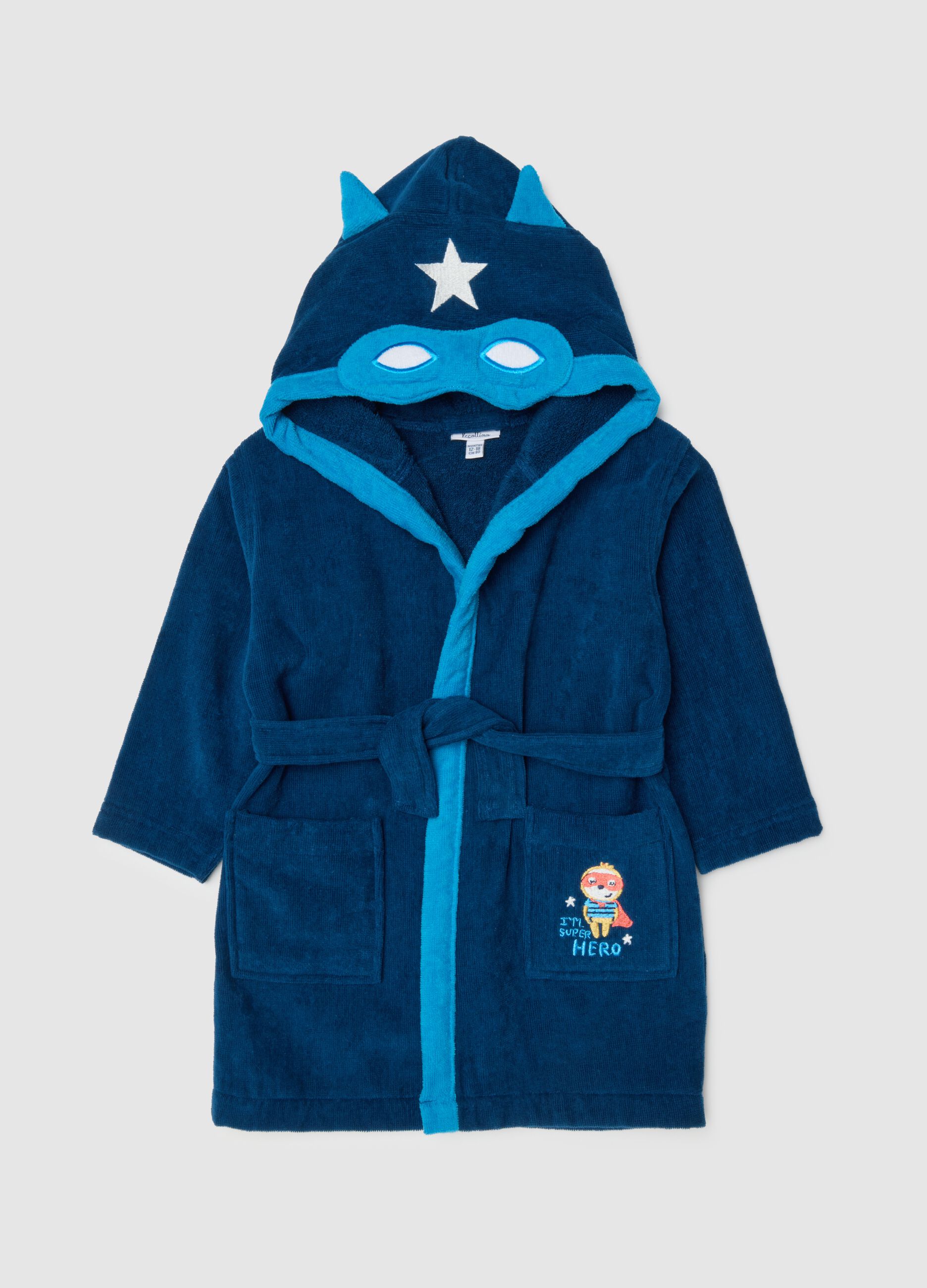 Baby Blue Pure Cotton Bathrobe with Superhero Motif
