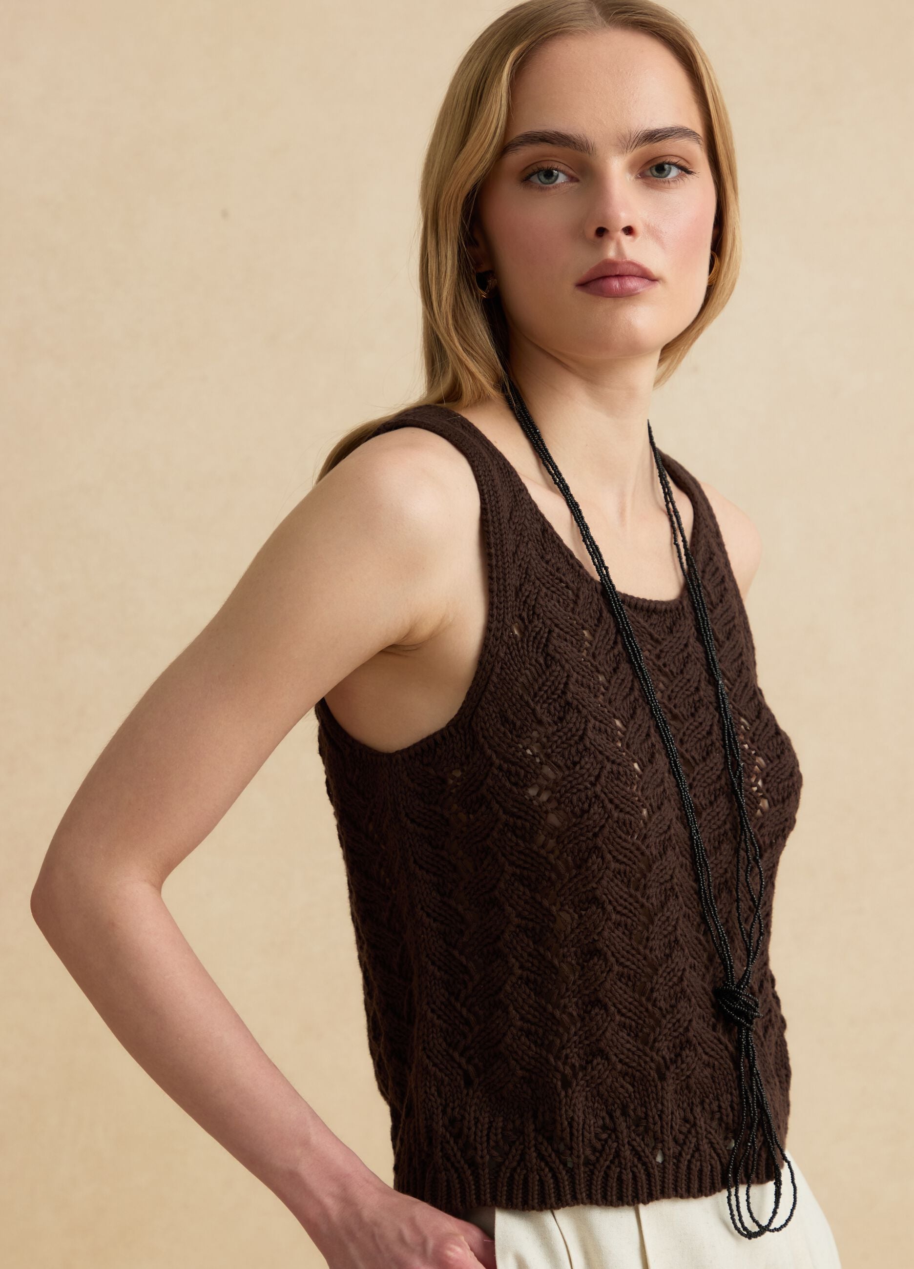Brown pure cotton crochet tank top
