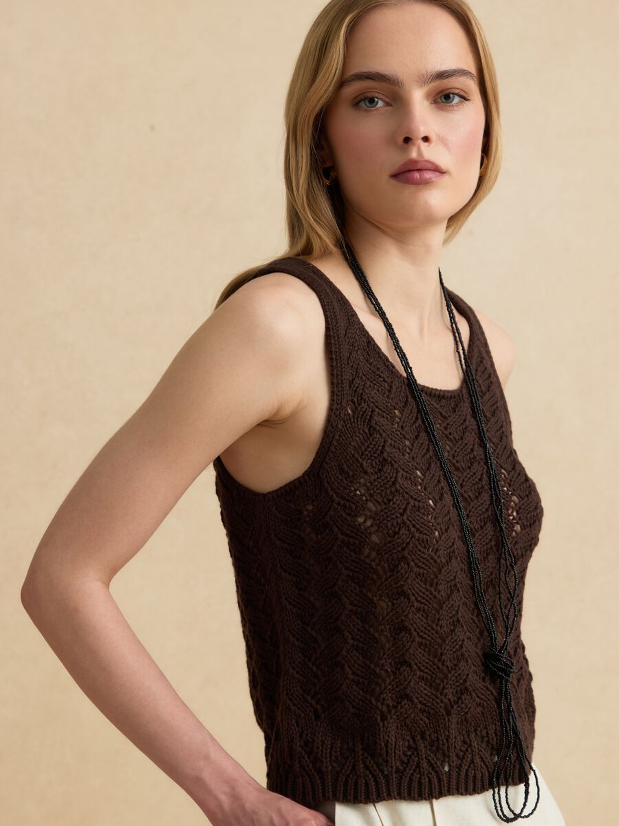Brown pure cotton crochet tank top_0