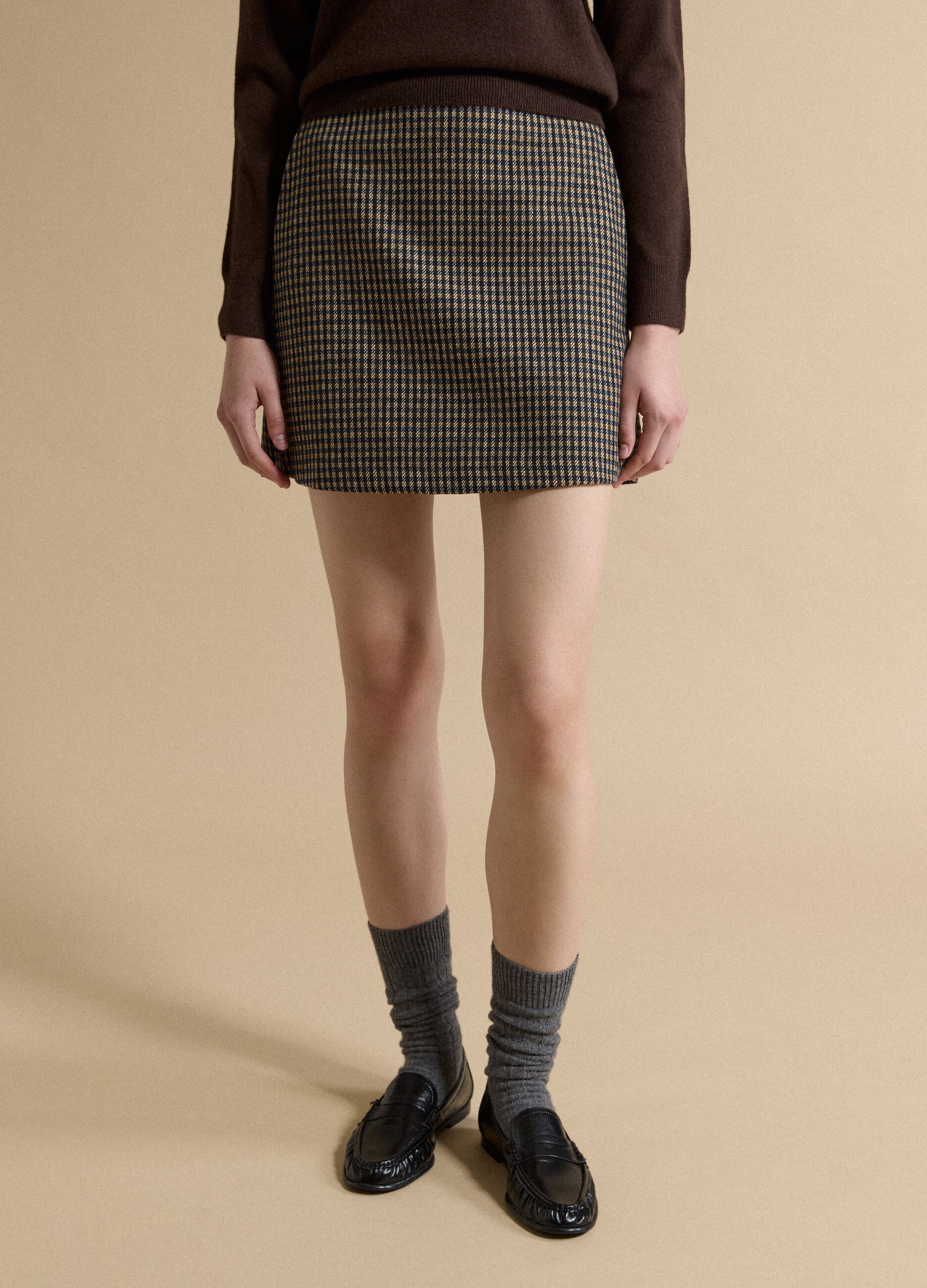 Multicoloured checked wool and viscose-blend skirt