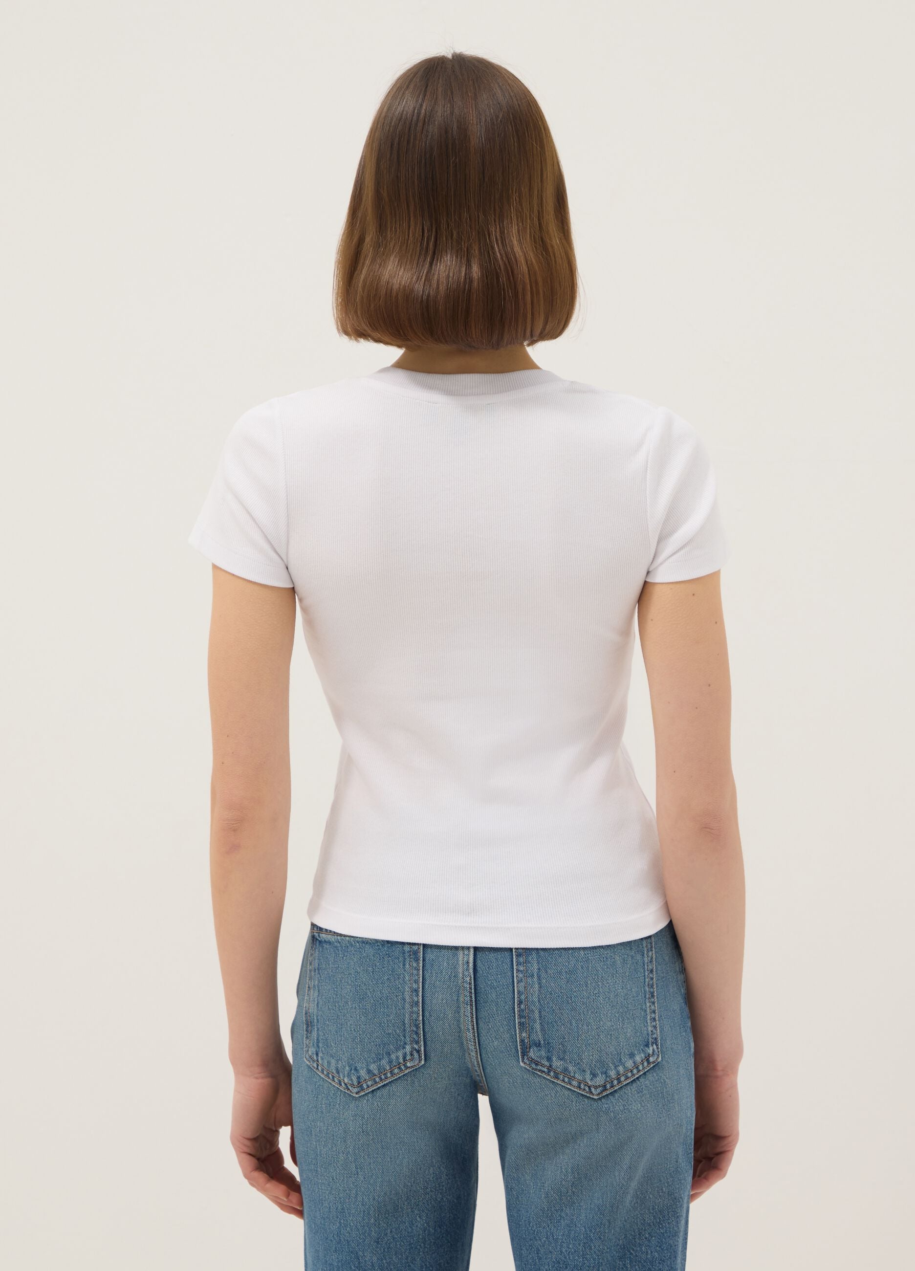 White regular fit deep V stretch cotton T-shirt