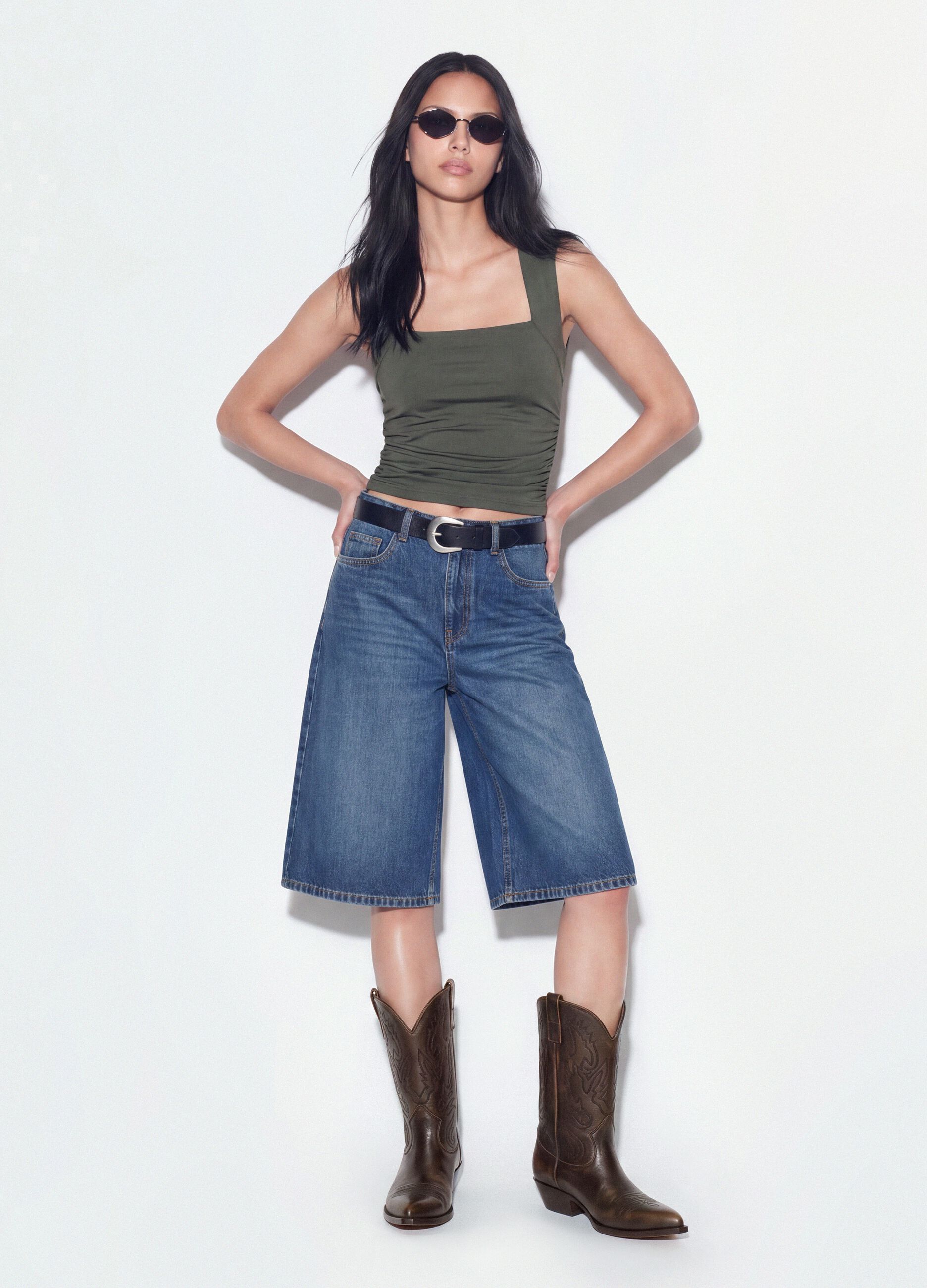 Green stretch tank top with side ruching