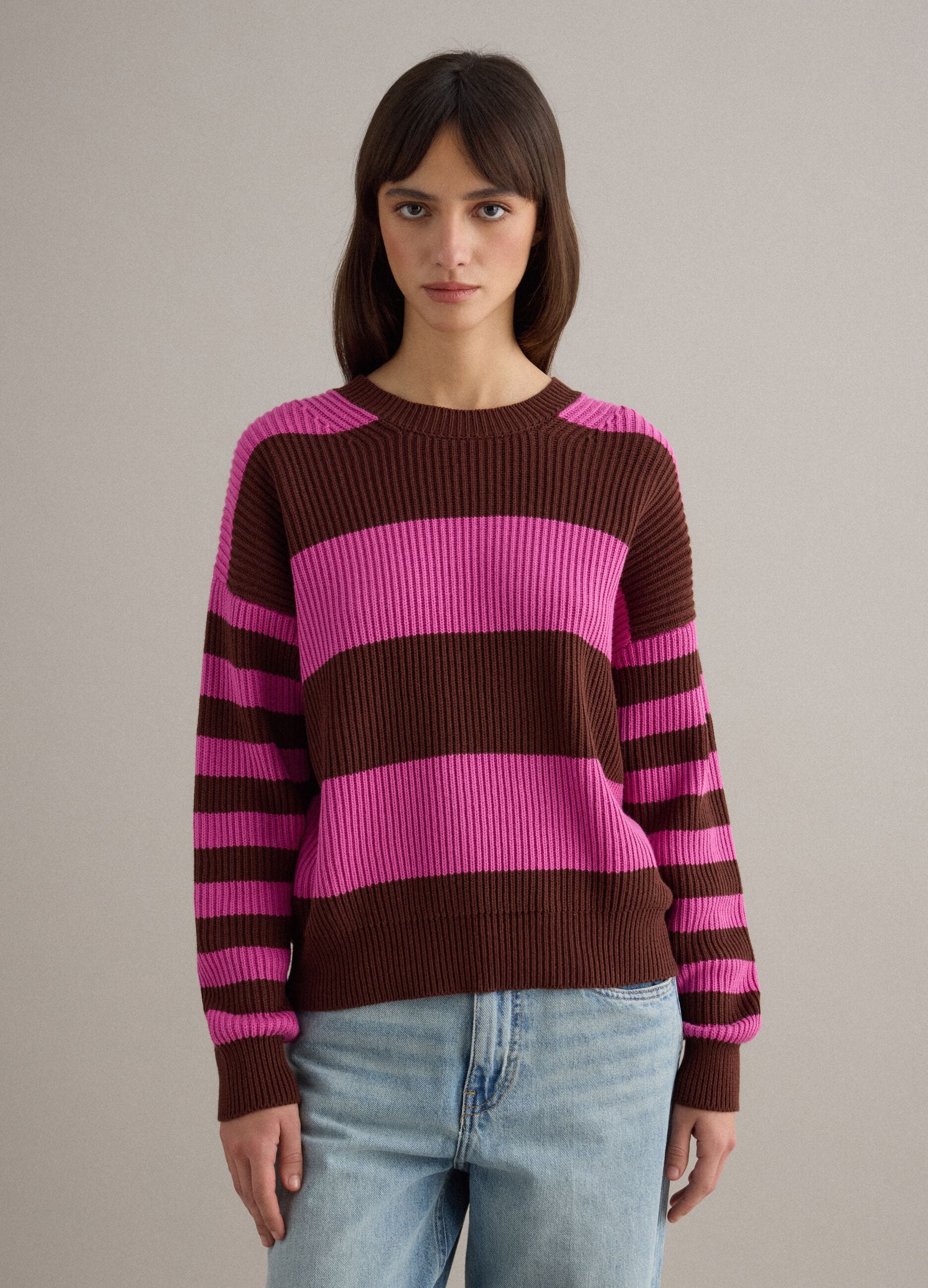 Multicoloured striped crew neck sweater in regular fit cotton blend