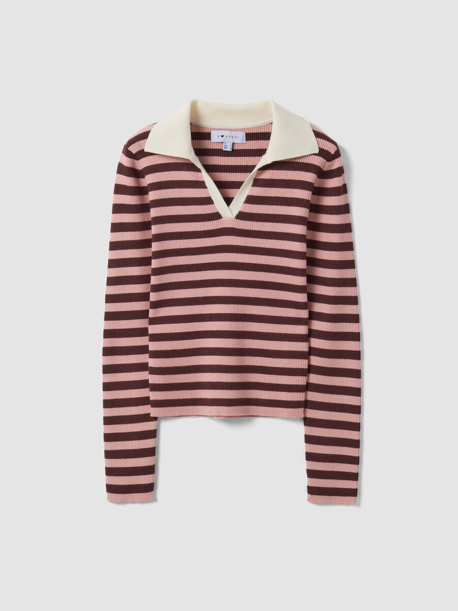 Multicolour striped viscose-blend fitted polo-collar knit top_0