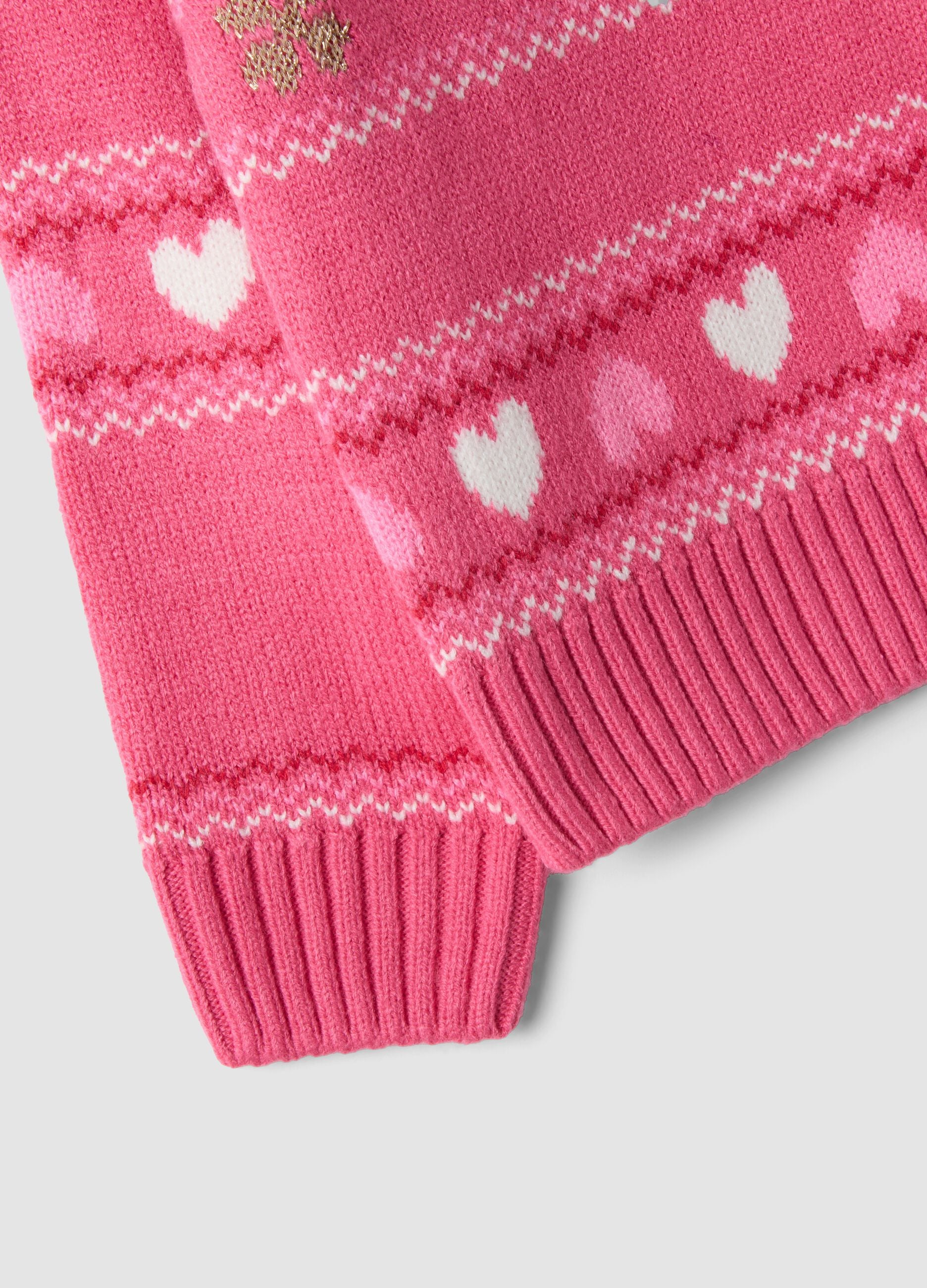 Pink crew-neck jumper with hearts and jacquard pattern, regular fit