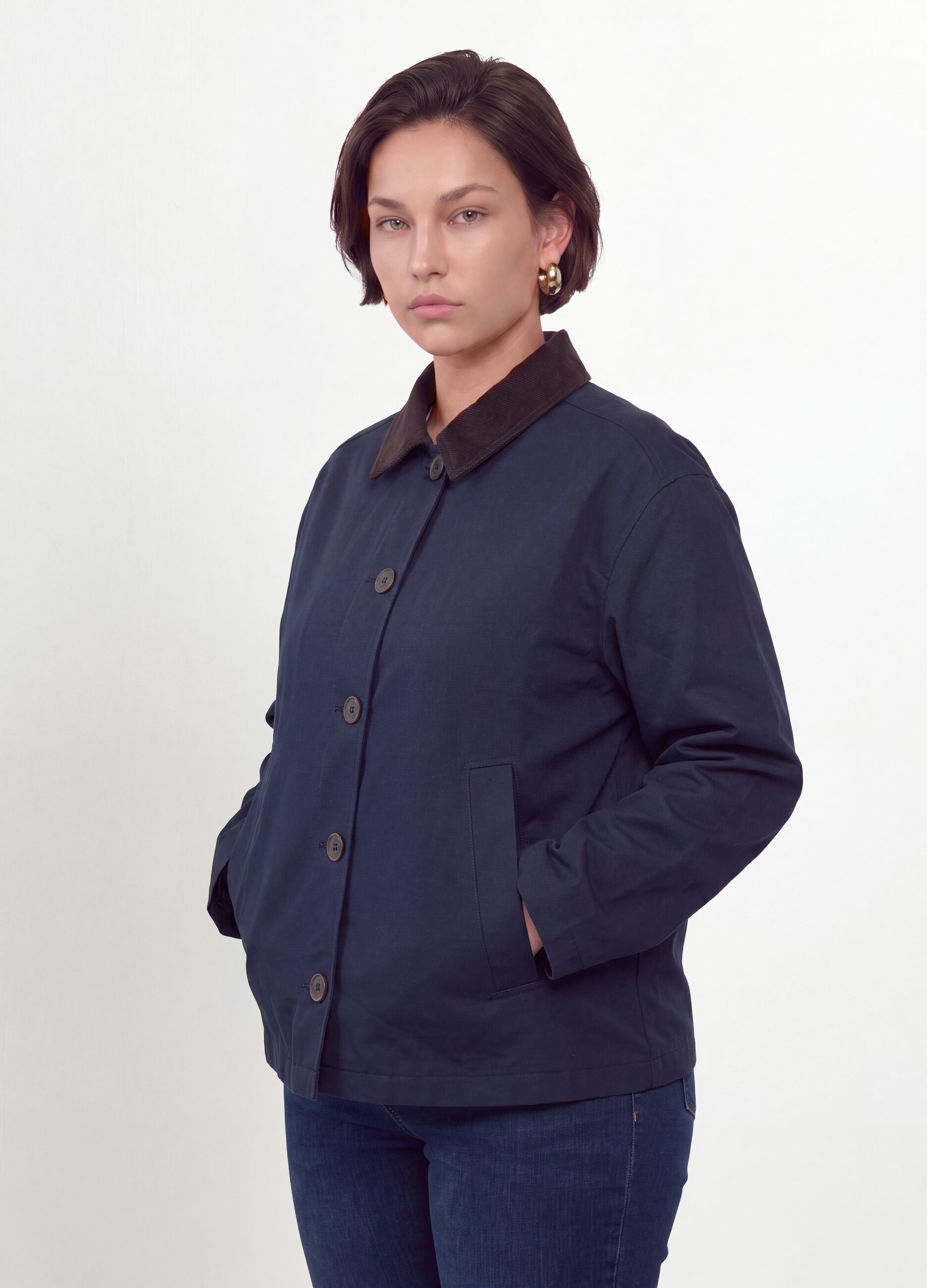 Blue pure cotton jacket with contrast collar, regular fit