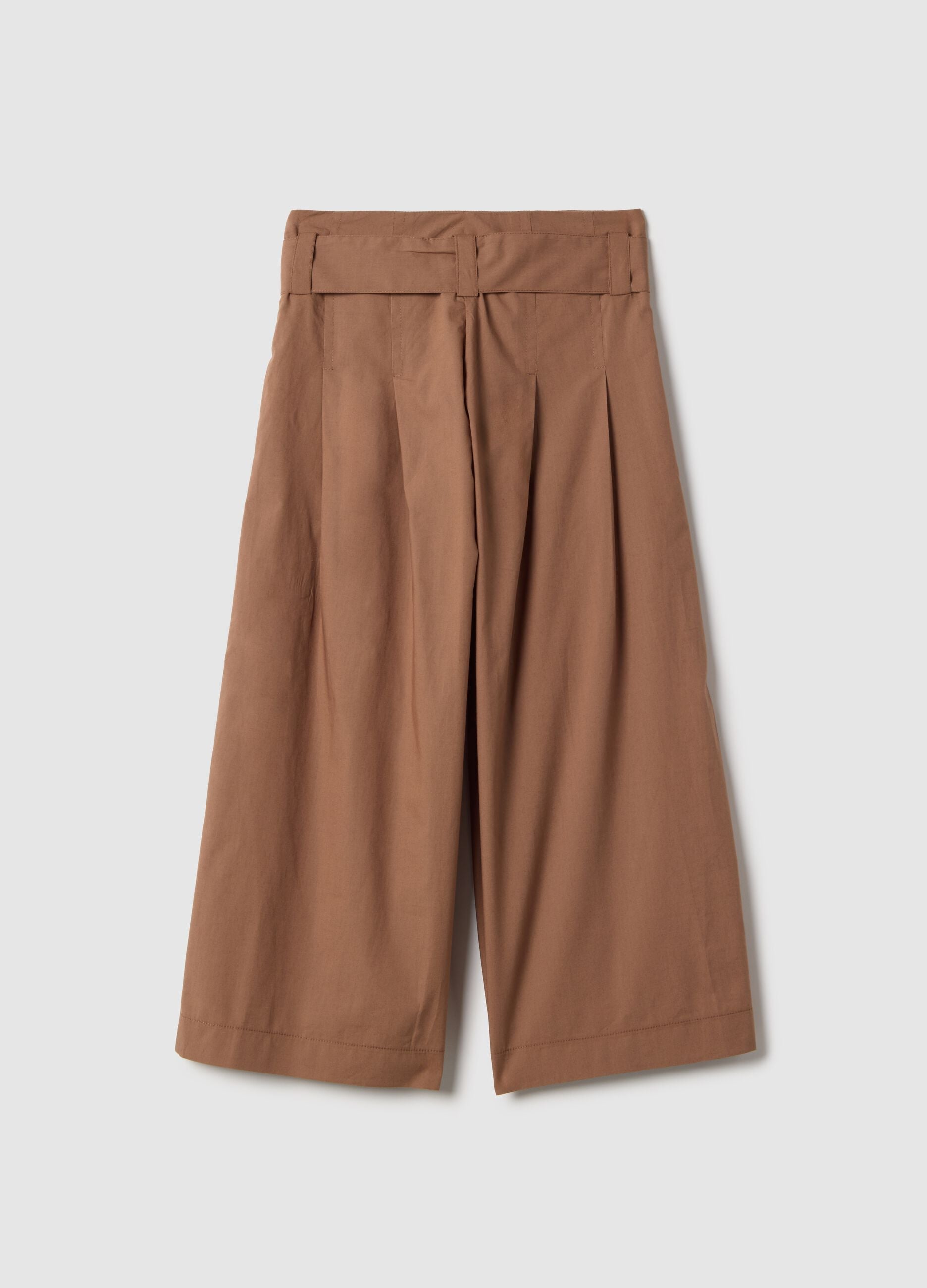 Girls' Brown Pure Cotton Wide Leg Trousers with Bow