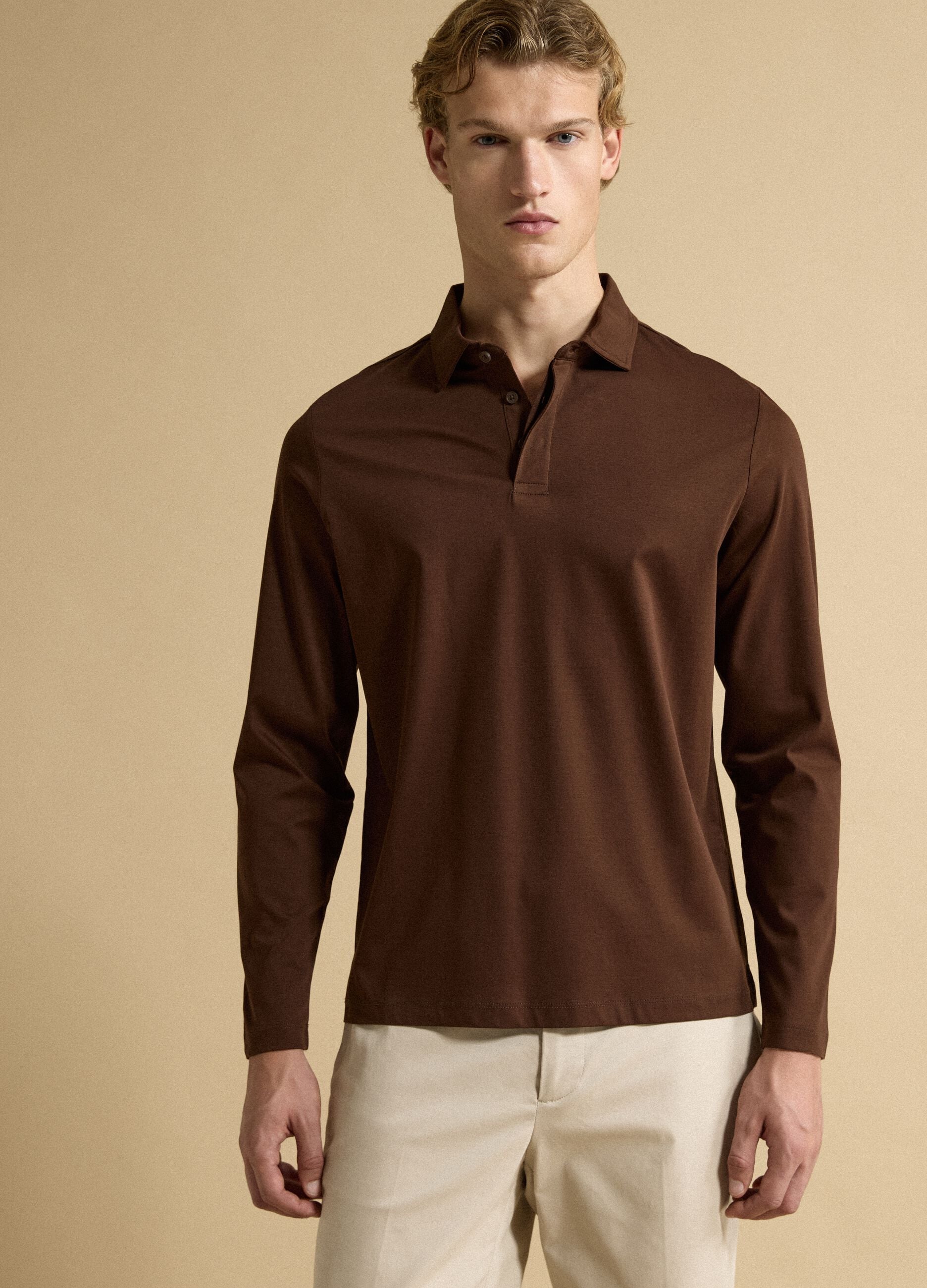 Brown long-sleeved pure cotton polo