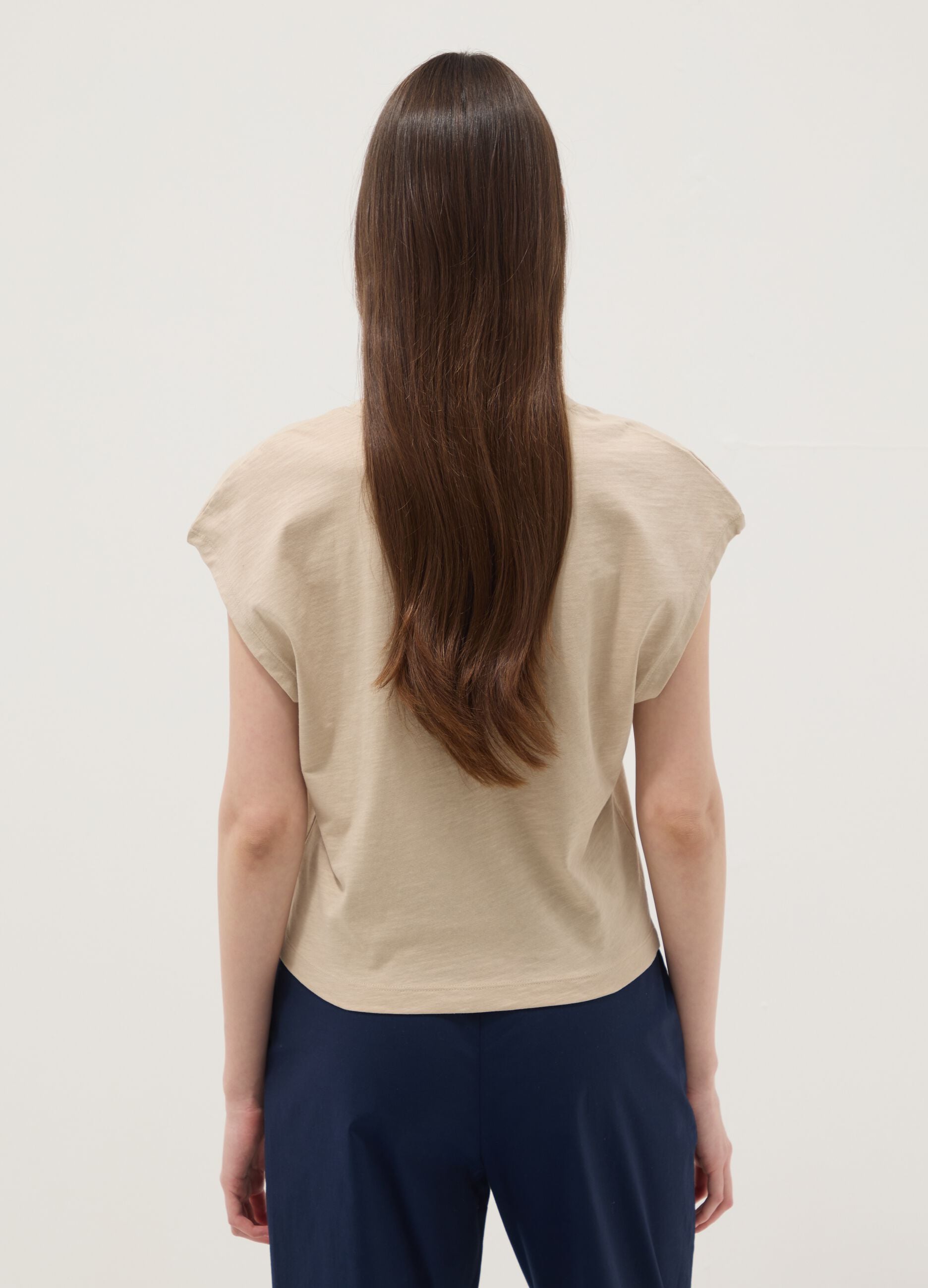 Beige pure cotton V-neck T-shirt