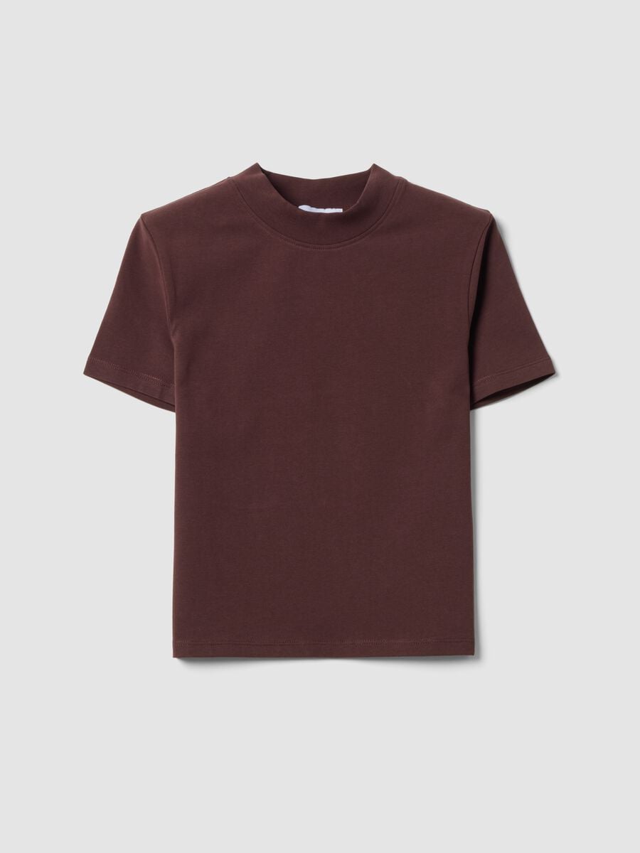 Brown fitted stretch-cotton T-shirt with raised neckline_4
