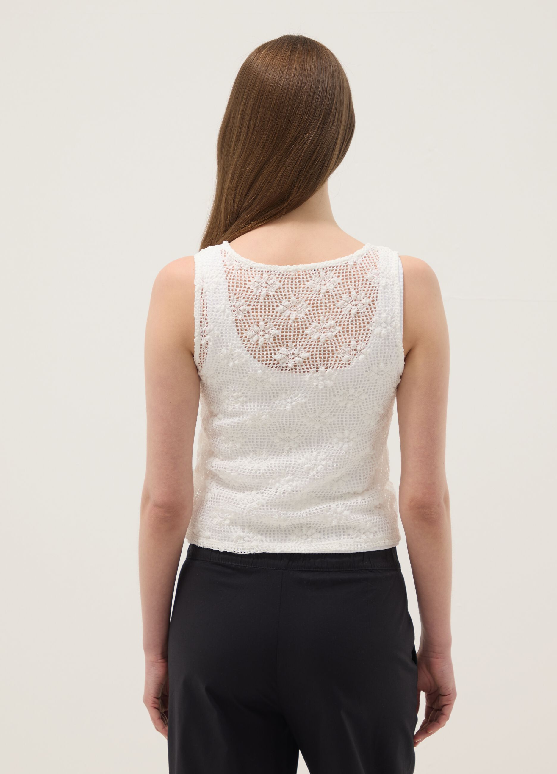 White stretch crochet-knit tank top