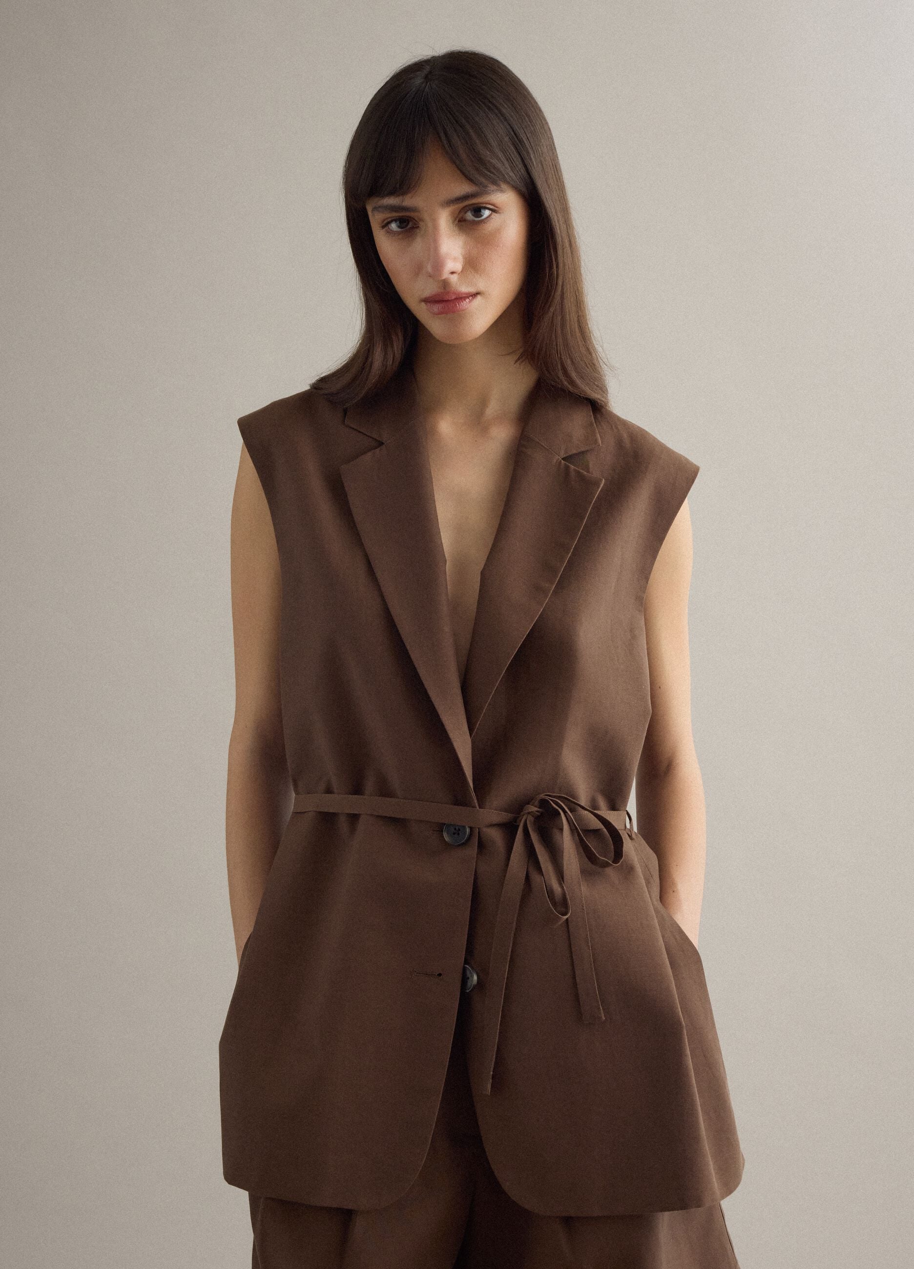 Brown regular fit lyocell and linen blend waistcoat with belt