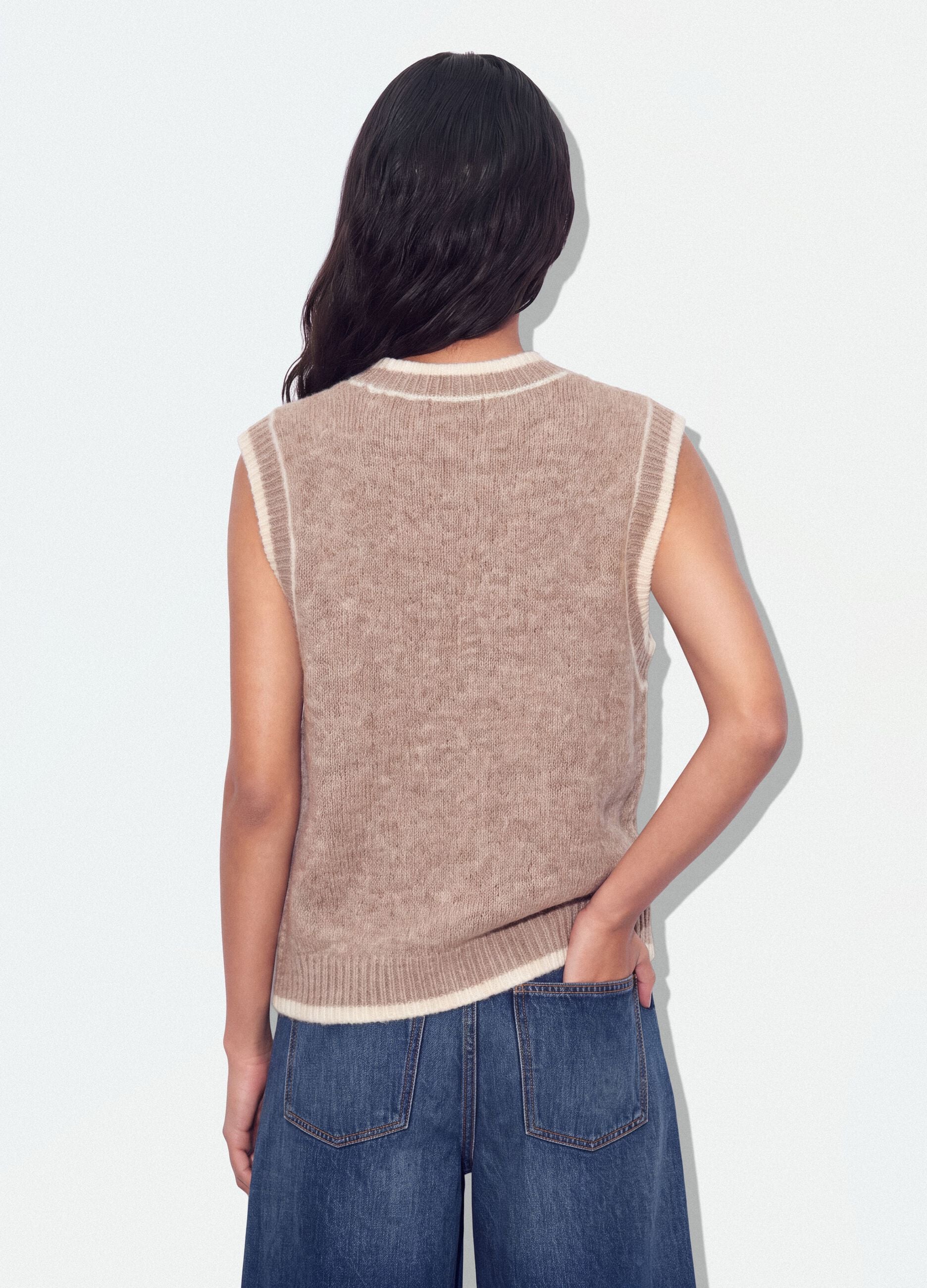 Beige stretch wool crew-neck gilet with oversized fit
