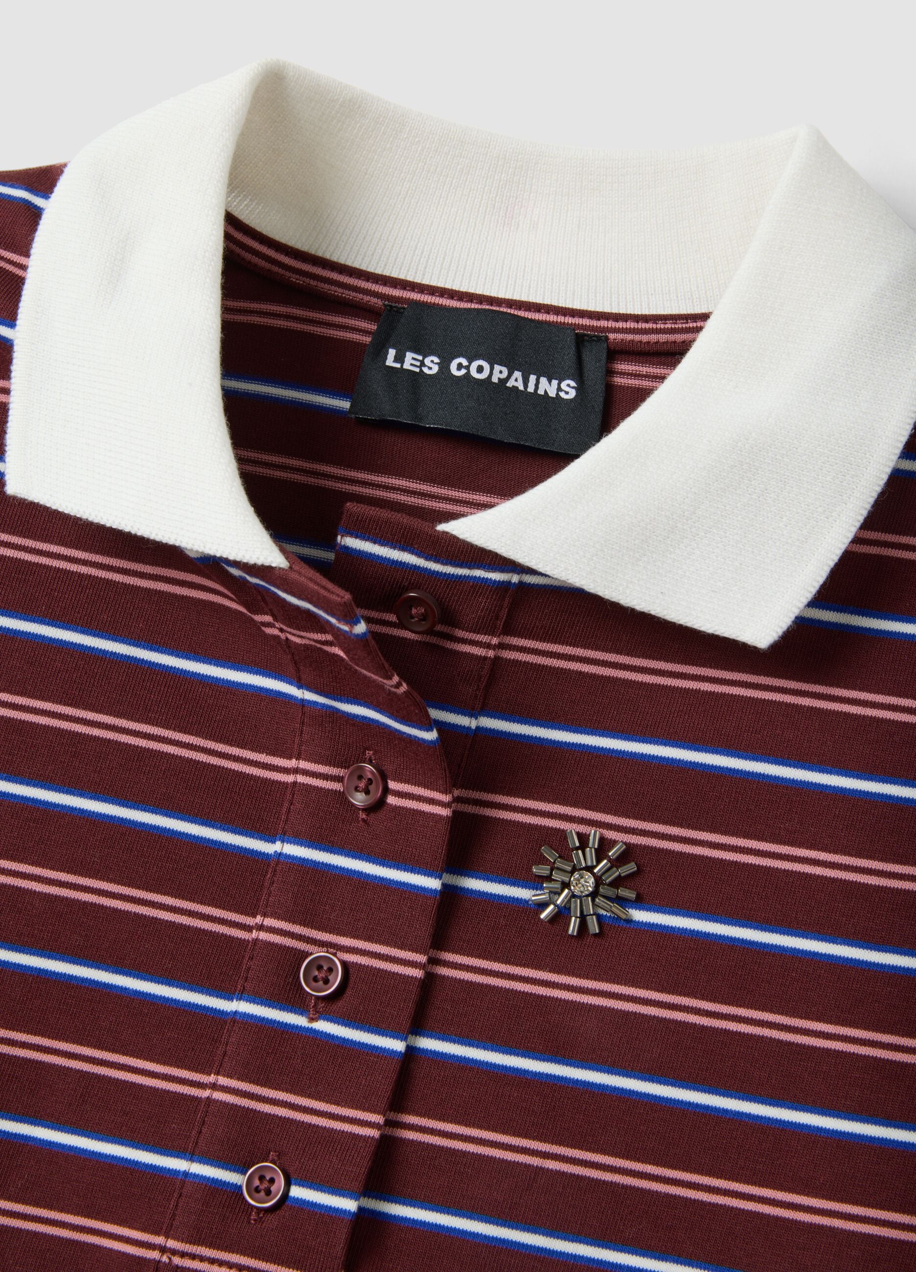 Multicolour striped pure cotton polo with oversized collar