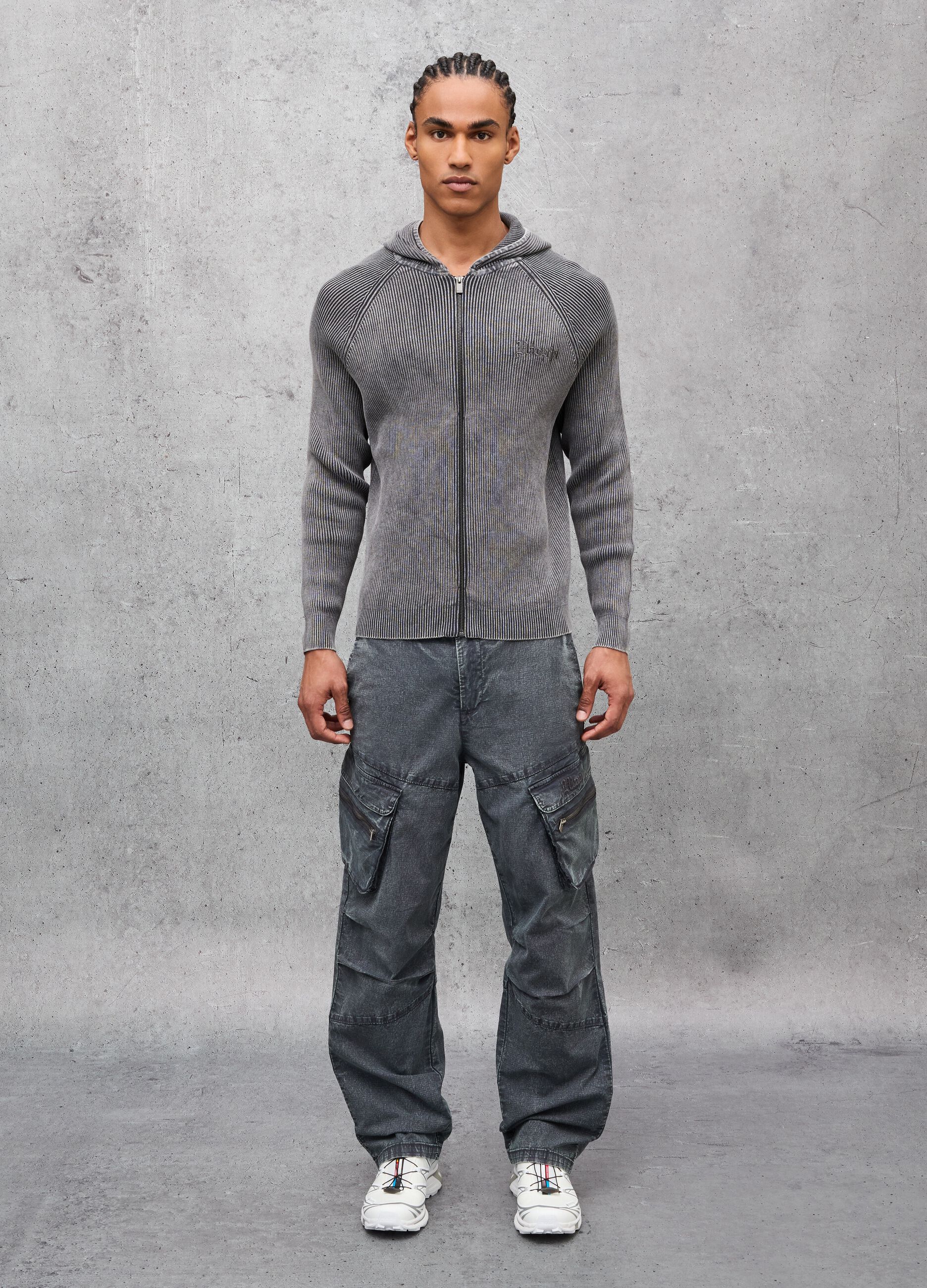 Knit Ribbed Hoodie Washed Grey