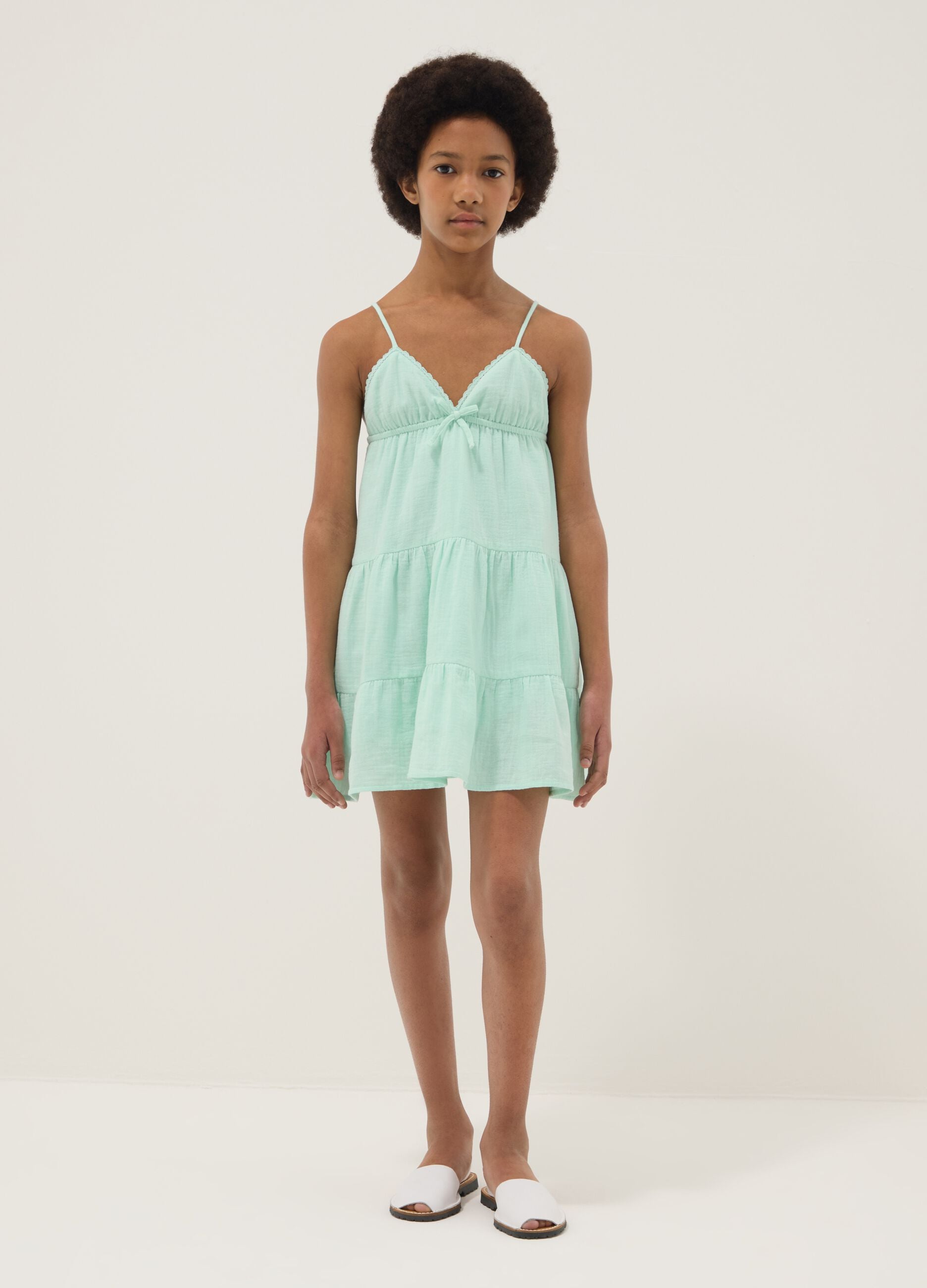 Green pure cotton mini dress with thin straps