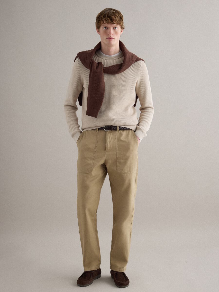 Beige Regular Fit Cotton and Linen Trousers_0