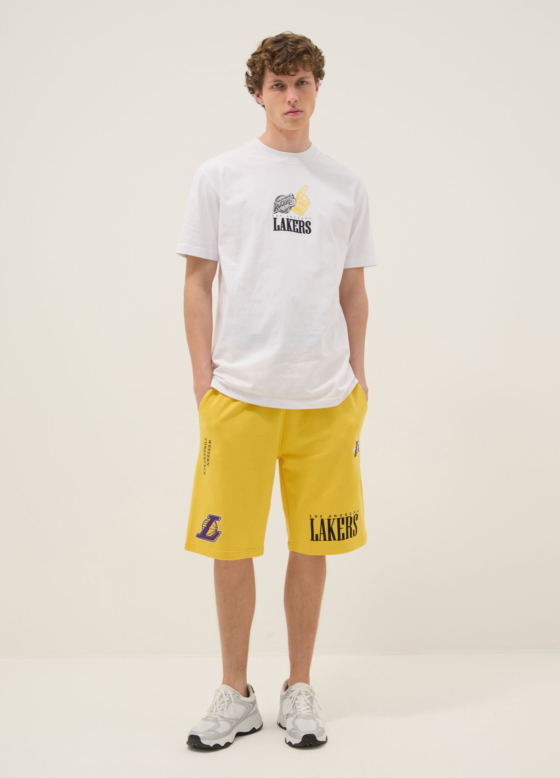 Yellow cotton-blend sports shorts with Lakers logo