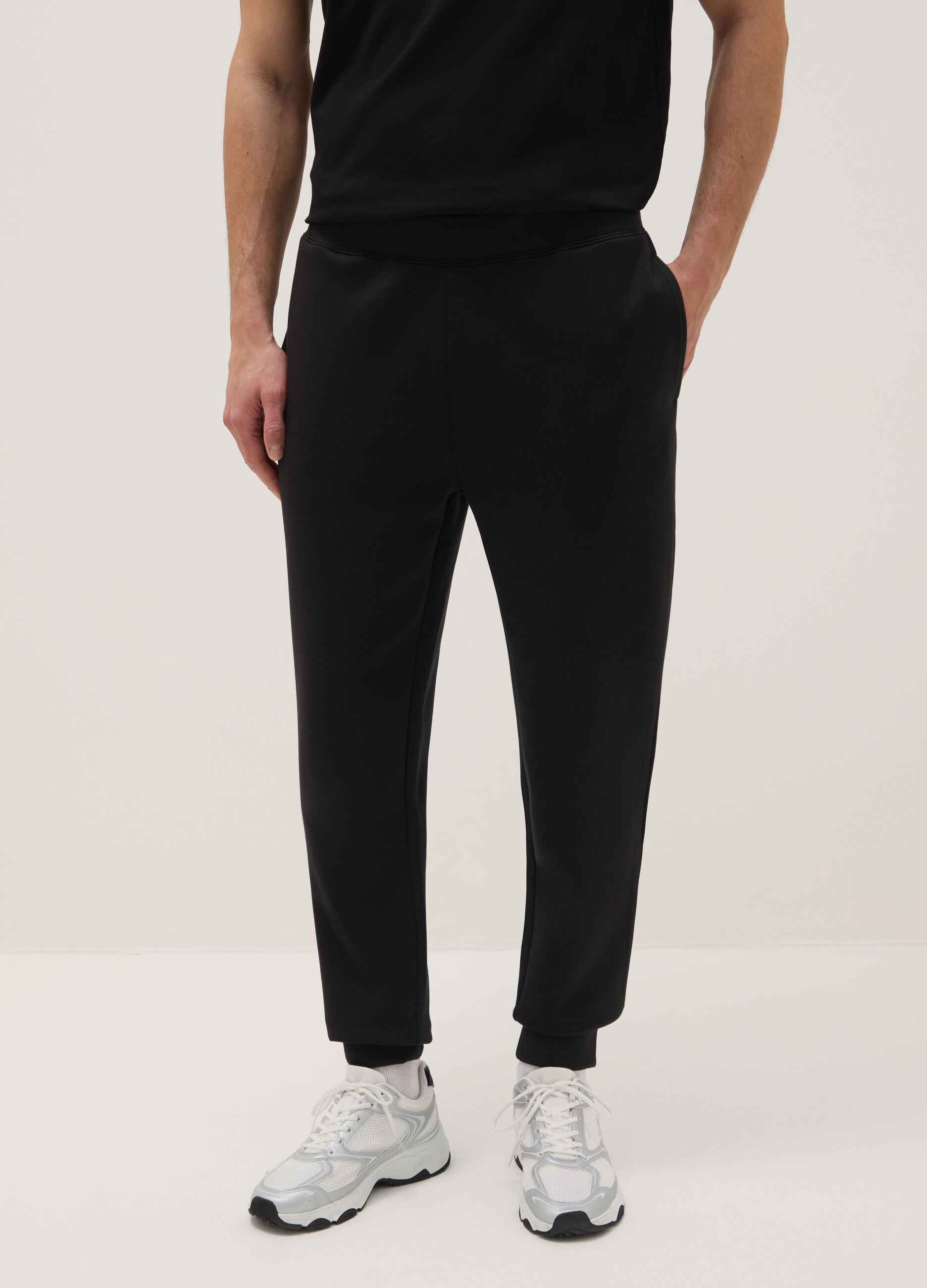 Black Cotton Blend Regular Fit Jogger Trousers