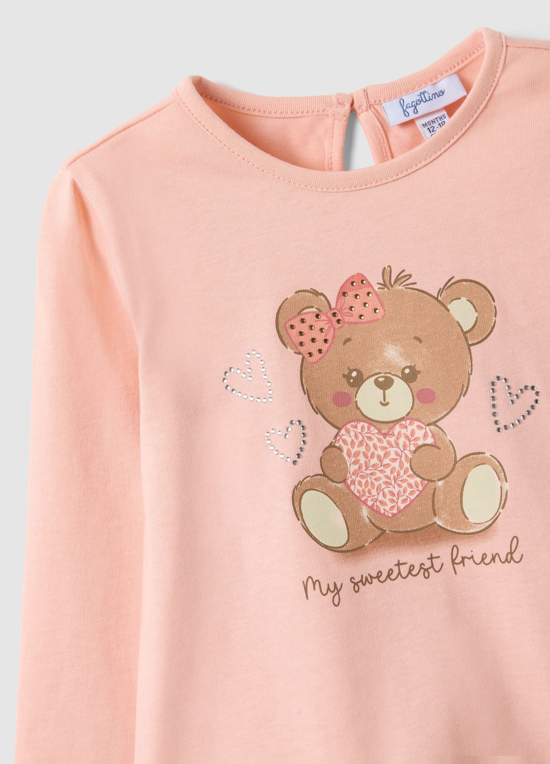 Girls' pink pure cotton regular fit T-shirt with teddy bear