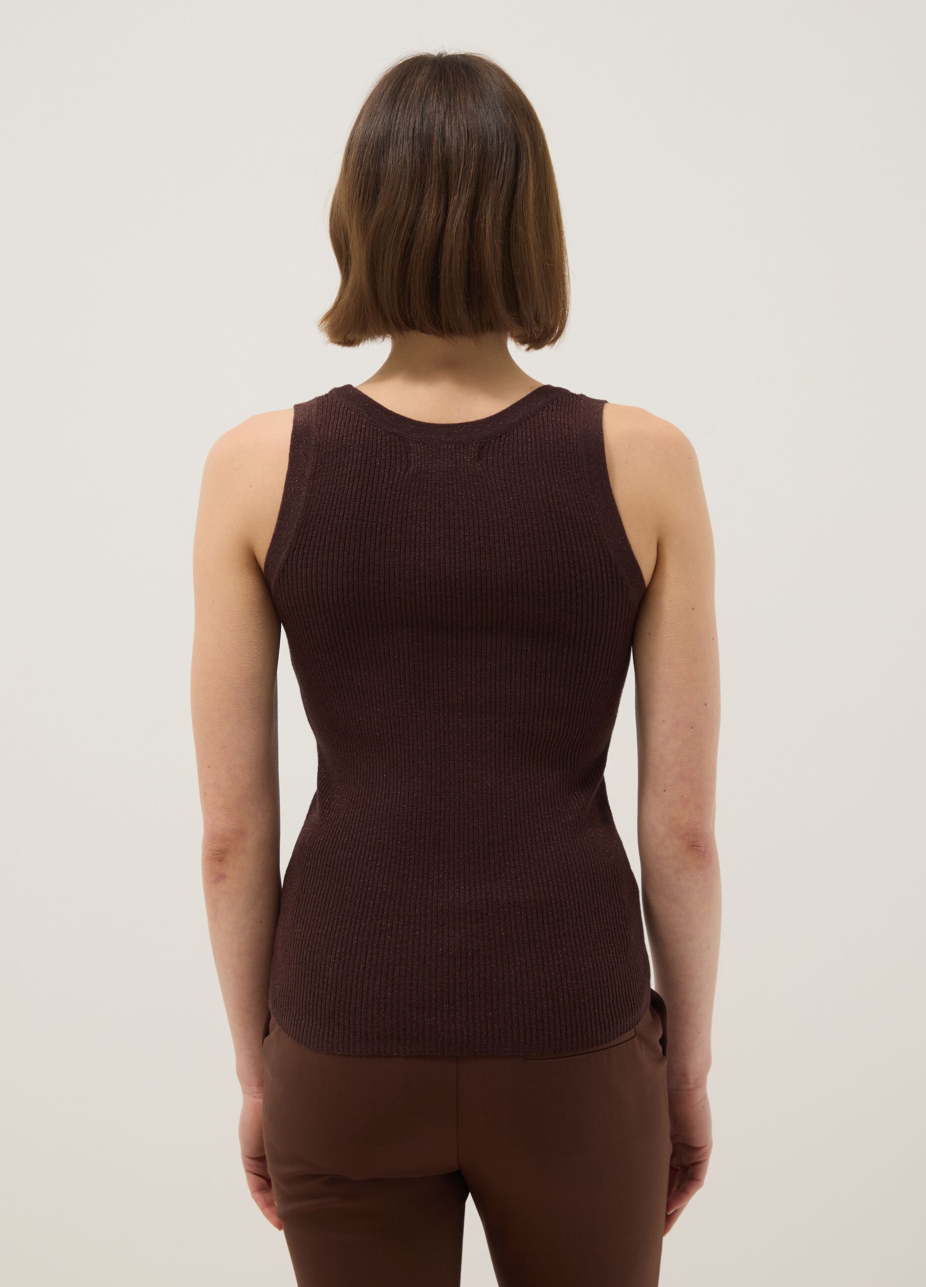 Brown viscose blend fitted tank top
