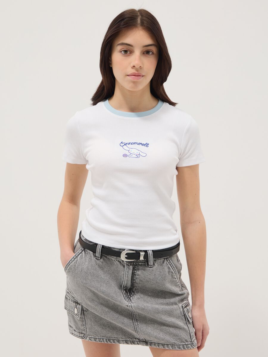 Girls&rsquo; white fitted stretch cotton T-shirt with embroidery_0