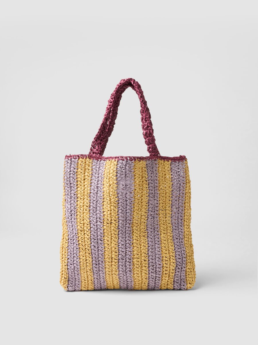 Multicolour striped beach bag in pure paper fabric with slogan_1