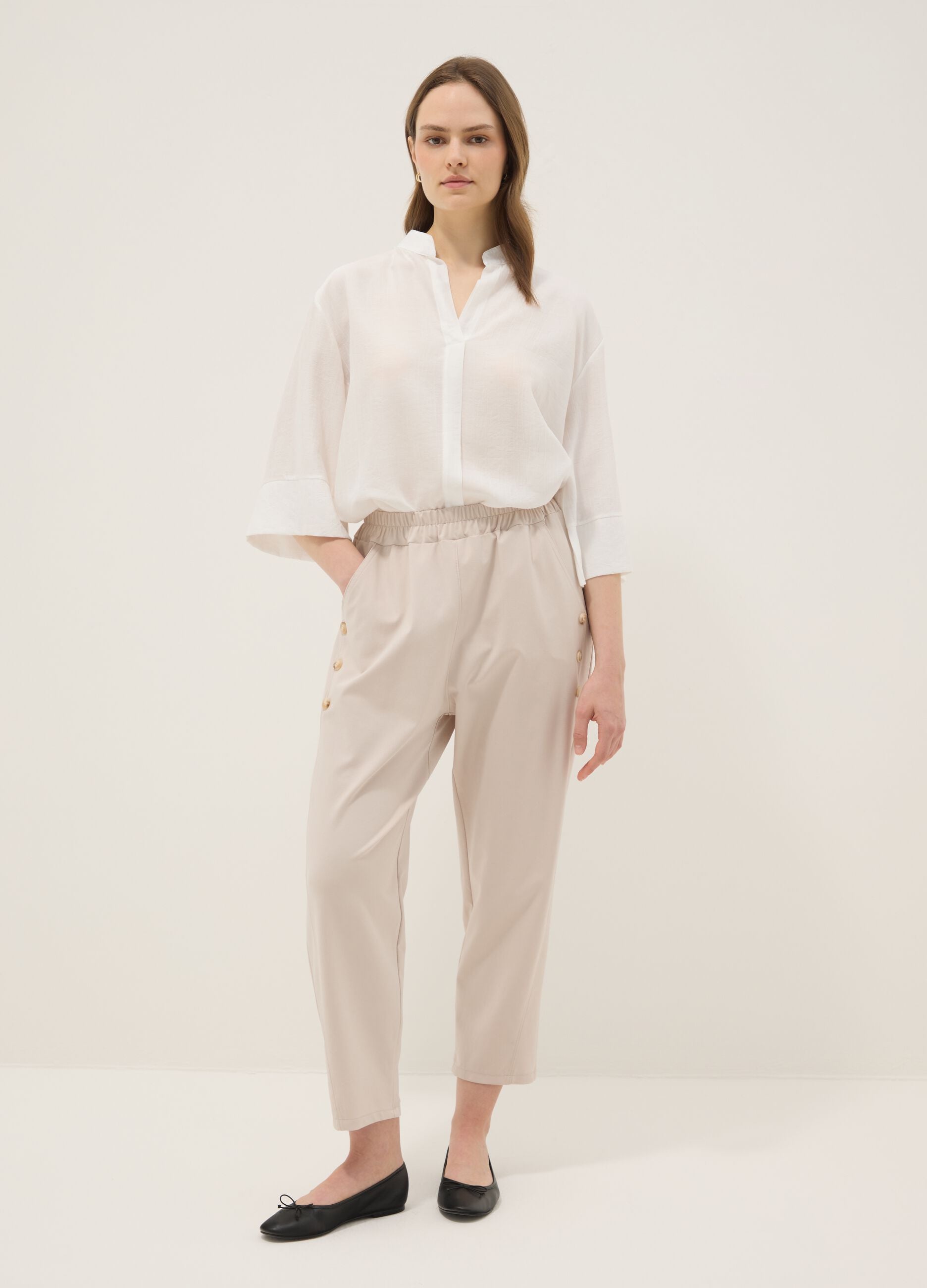 Beige regular-fit stretch cotton trousers with elasticated waist
