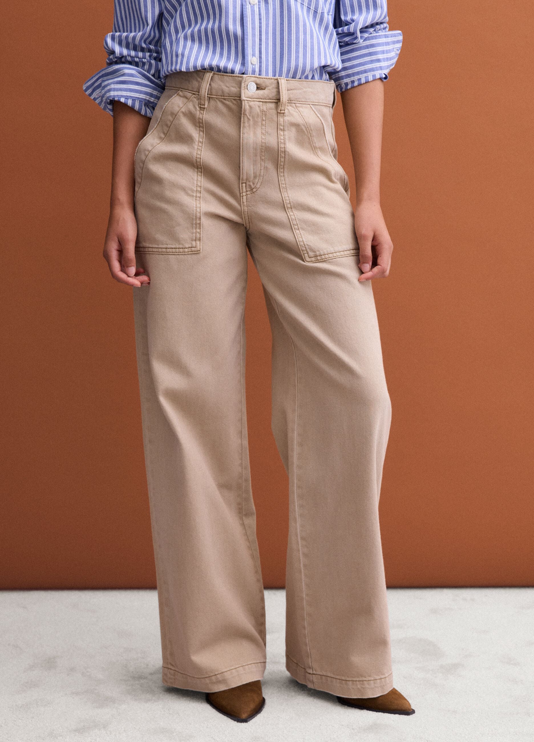 Beige denim wide-leg jeans in pure cotton