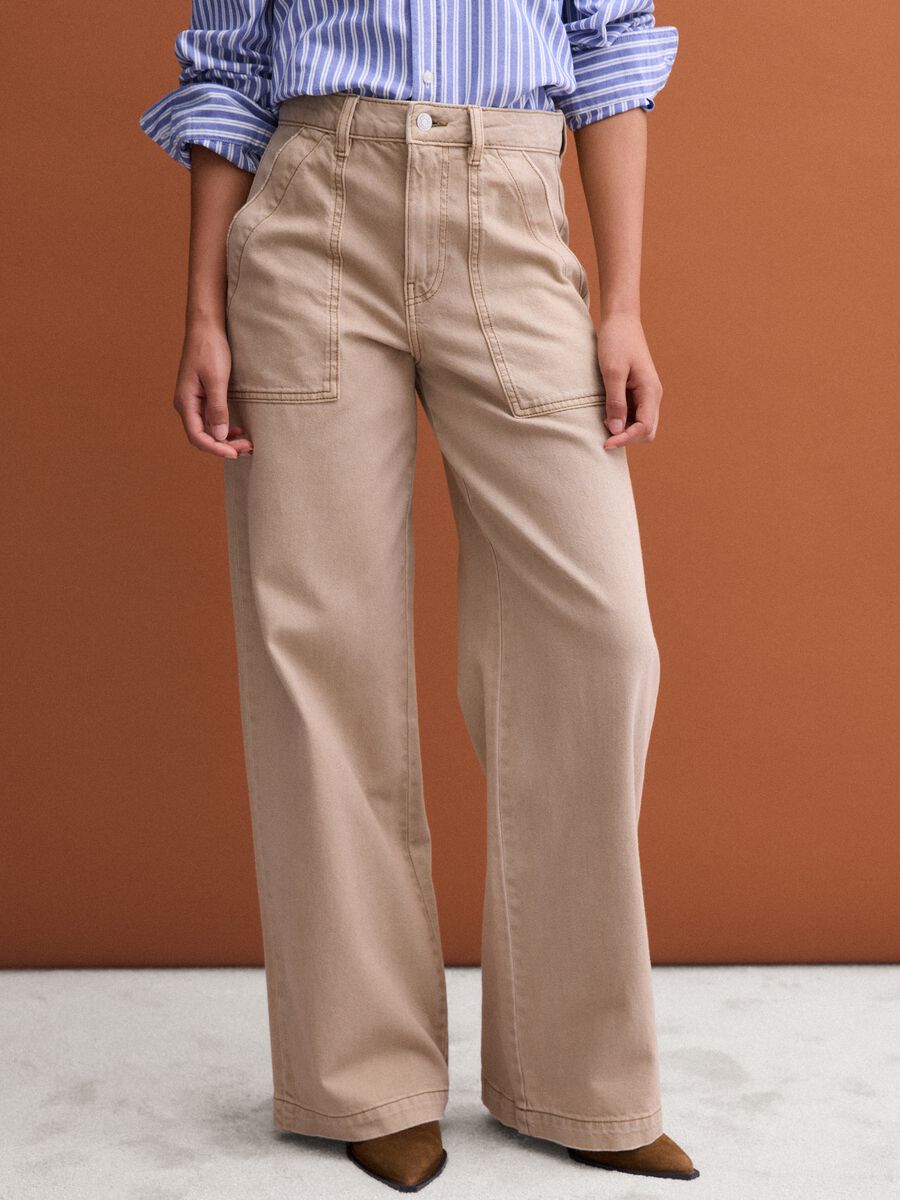 Beige denim wide-leg jeans in pure cotton_1