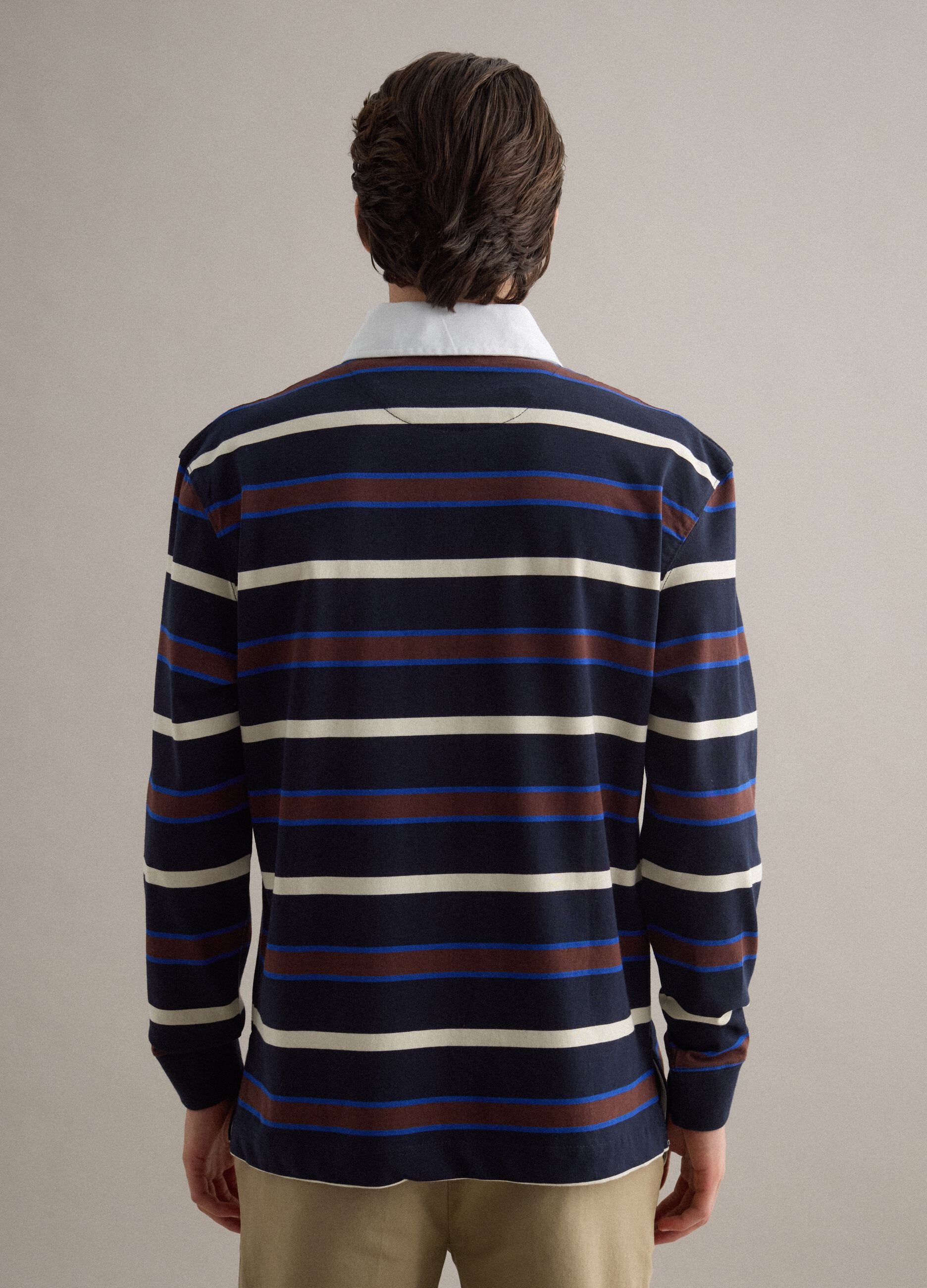 Long sleeve pure cotton polo with multicolour stripes, regular fit
