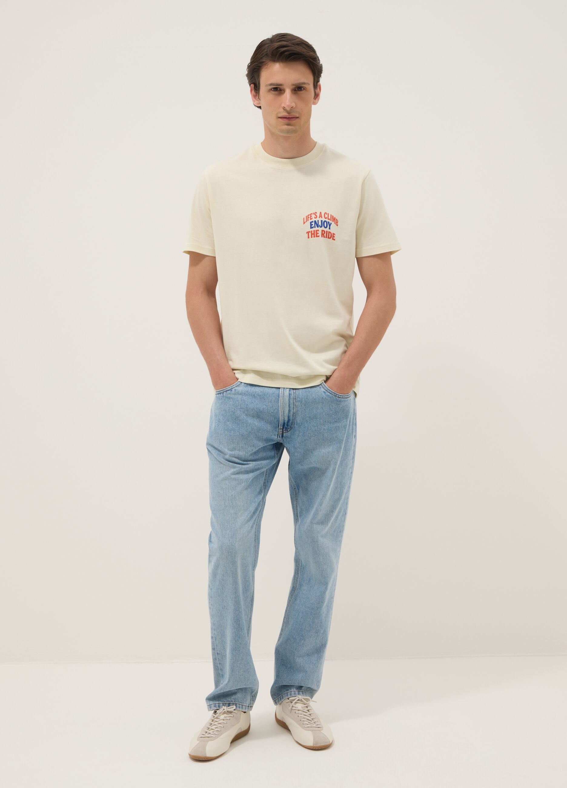 Beige pure cotton jersey T-shirt with slogan, regular fit