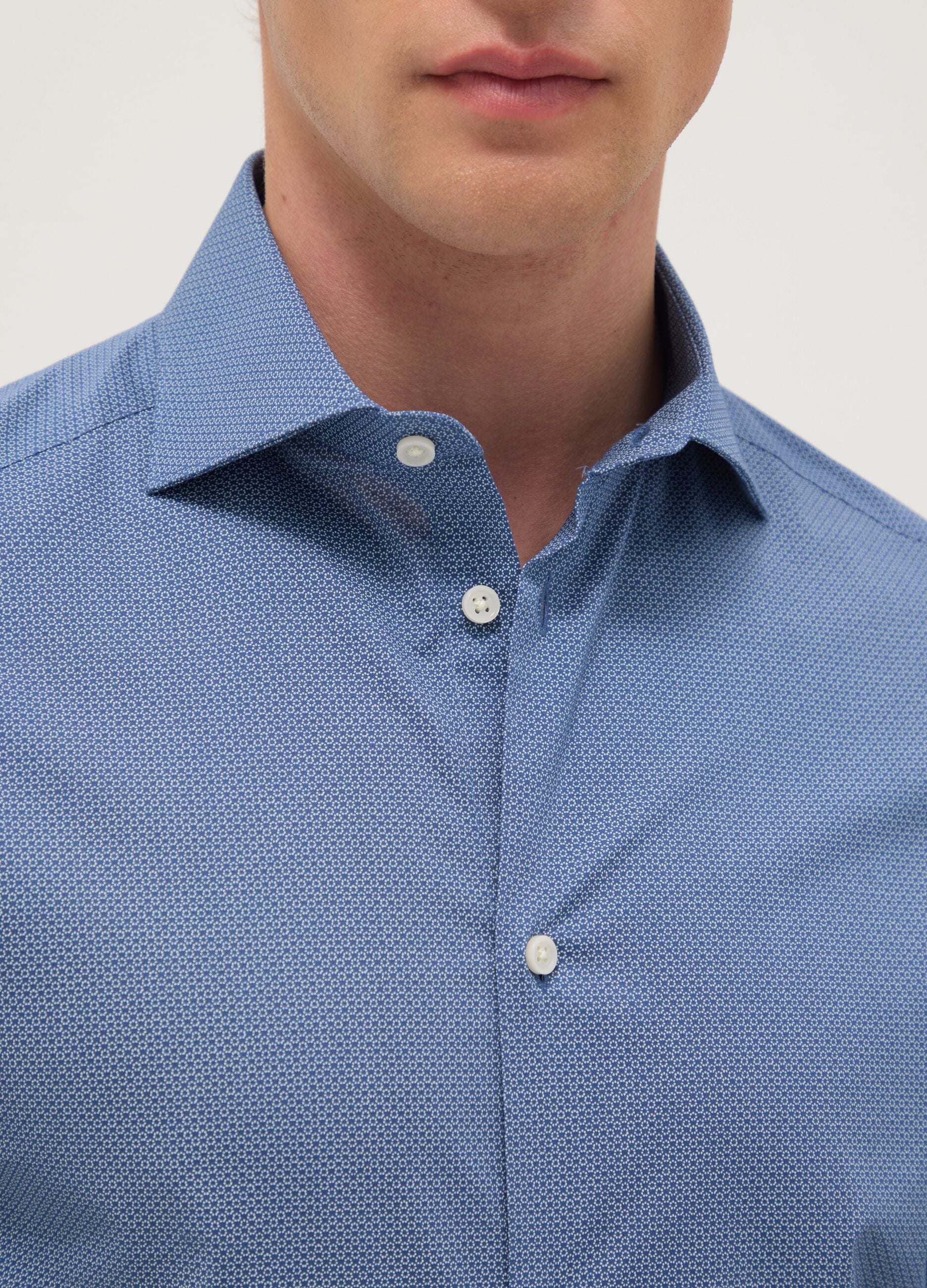 Blue shirt with micro-checks in stretch cotton regular fit