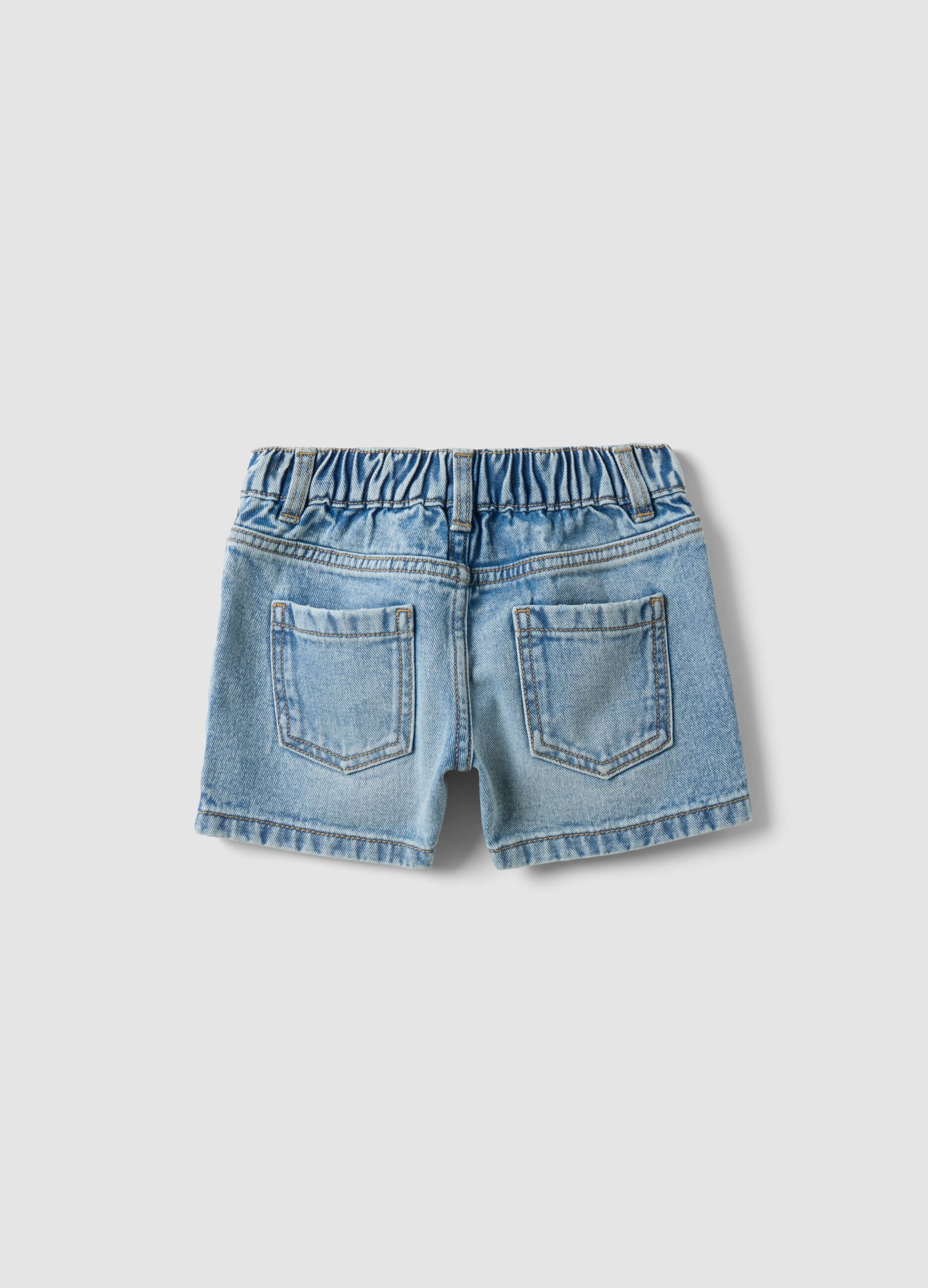 Girls&rsquo; blue pure cotton denim shorts, regular fit with rhinestones
