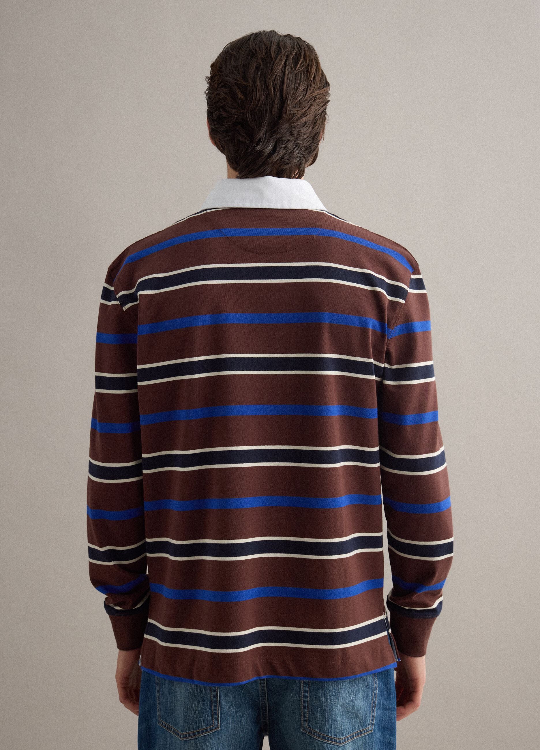 Multicolour striped long-sleeve polo in pure cotton, regular fit
