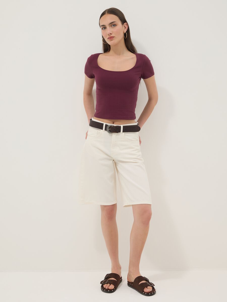 Purple stretch cotton T-shirt with square neckline, regular fit_2