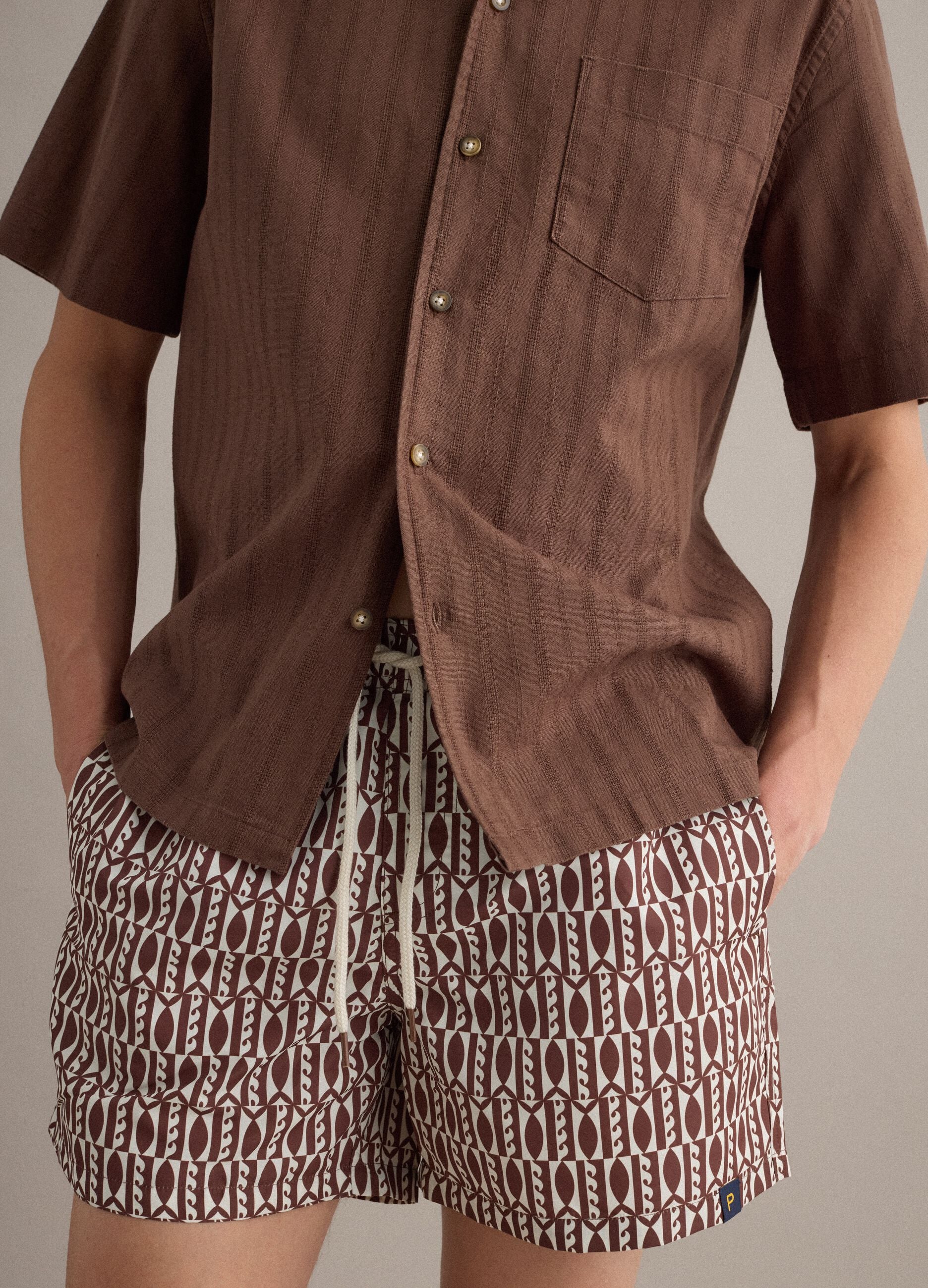 Brown geometric-print swim shorts