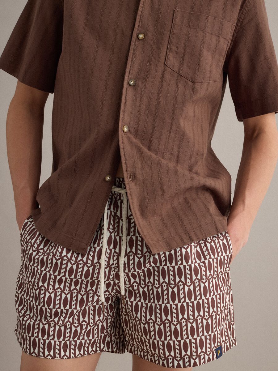 Brown geometric-print swim shorts_3
