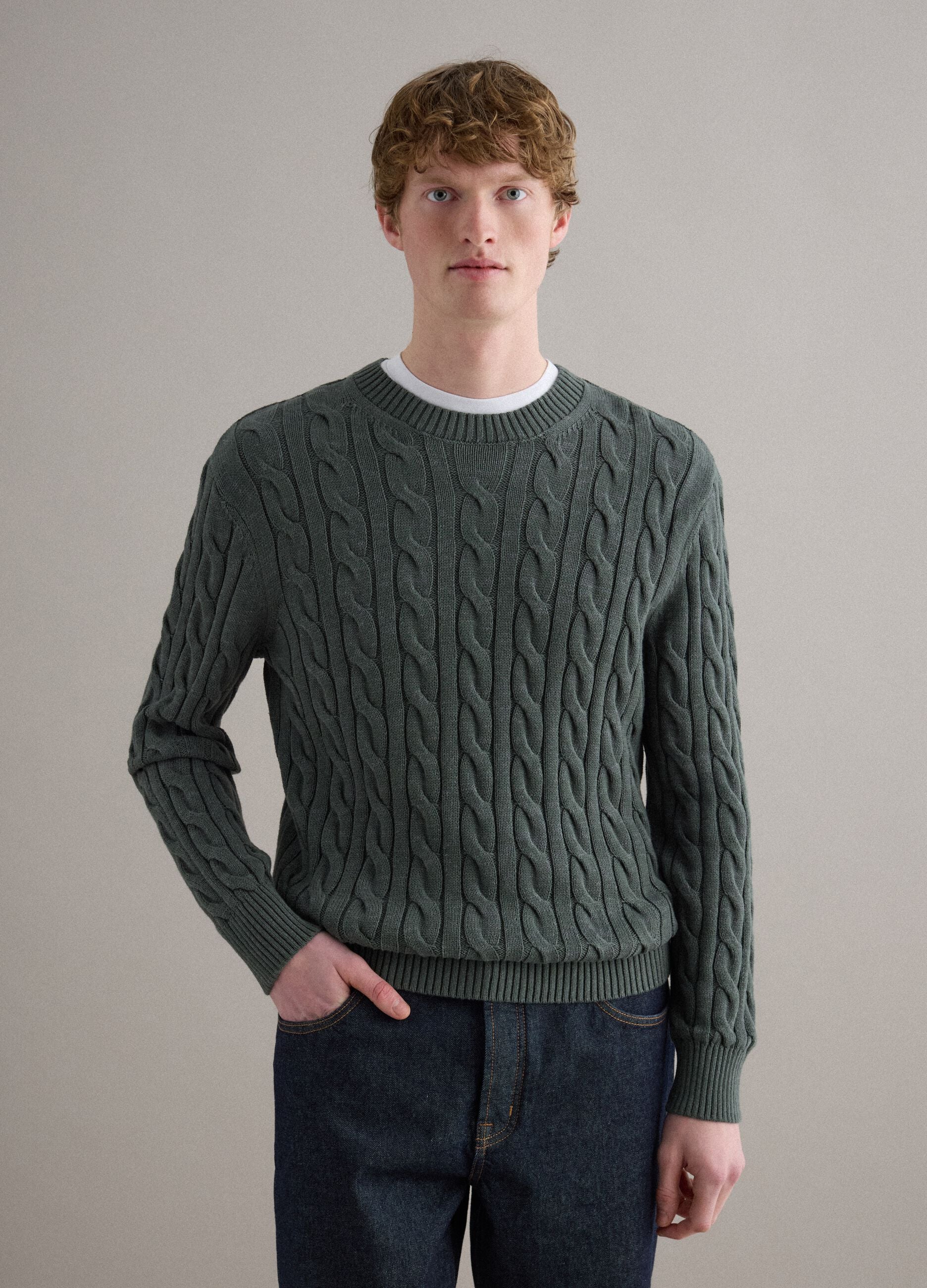 Green pure cotton regular fit jumper with woven design