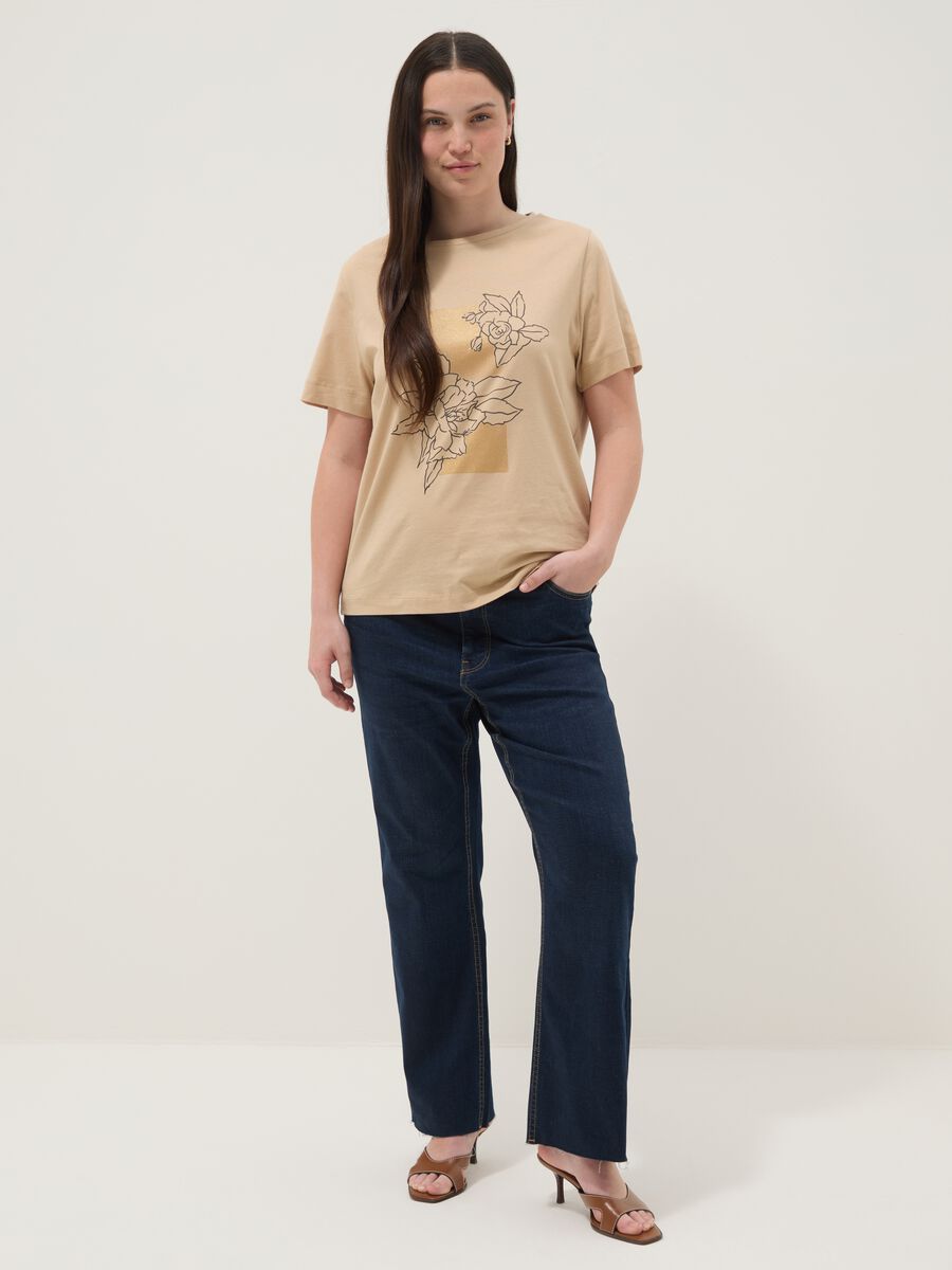 Beige short-sleeve pure cotton printed T-shirt, regular fit_1