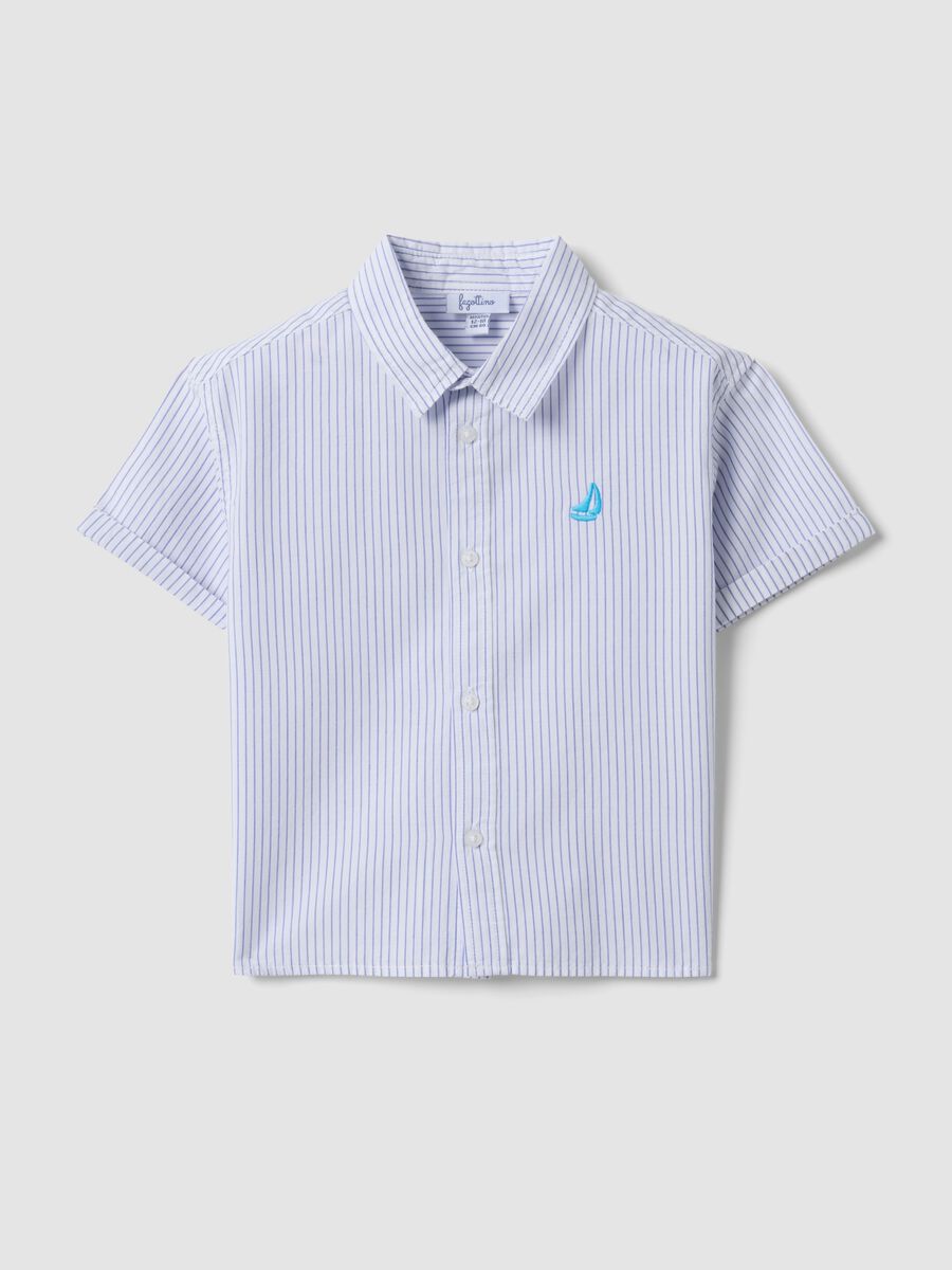 Camicia azzurra a righe in puro cotone con ricamo per bimbo regular fit_0