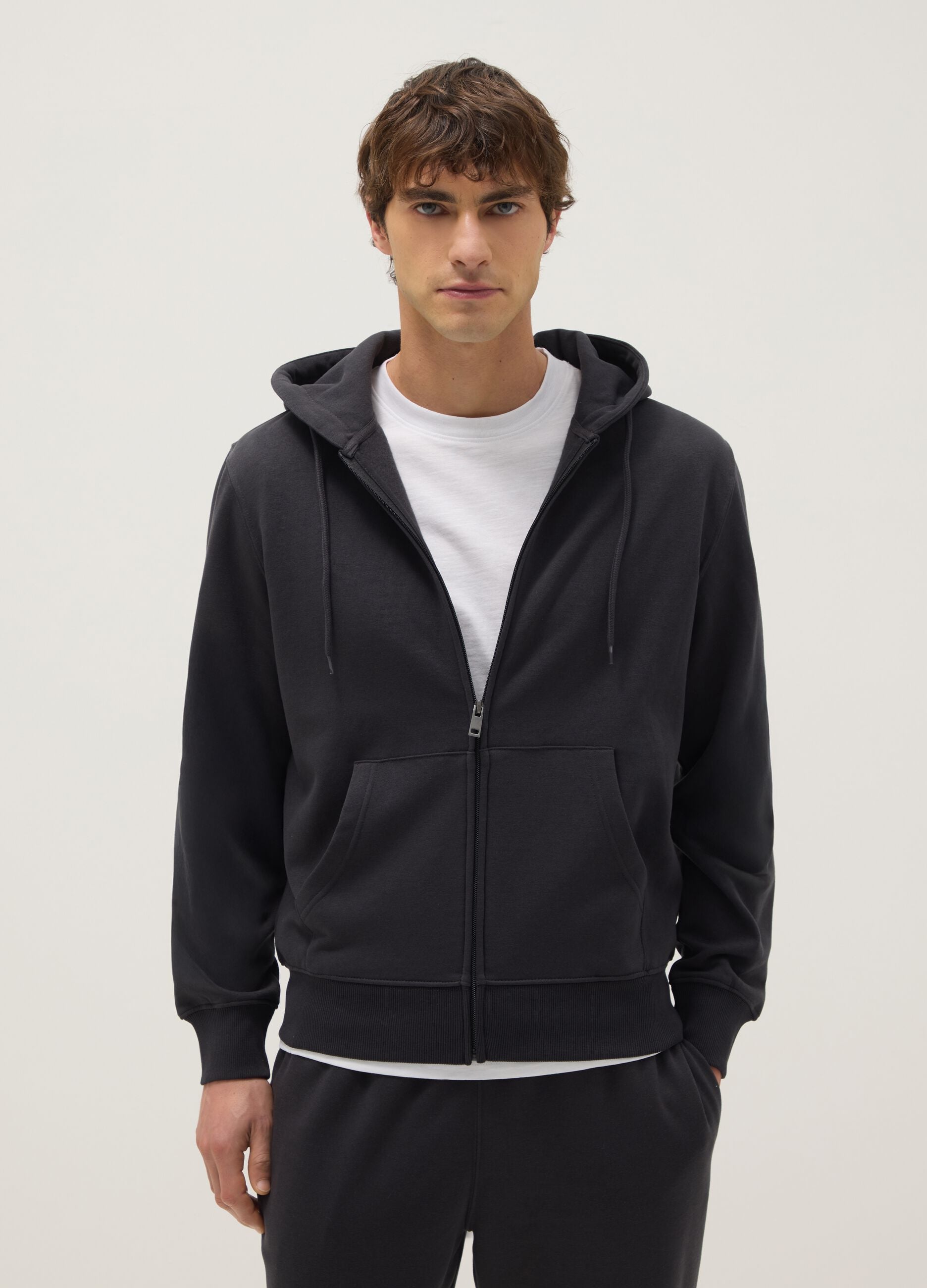 Black regular fit cotton-blend hoodie with zip