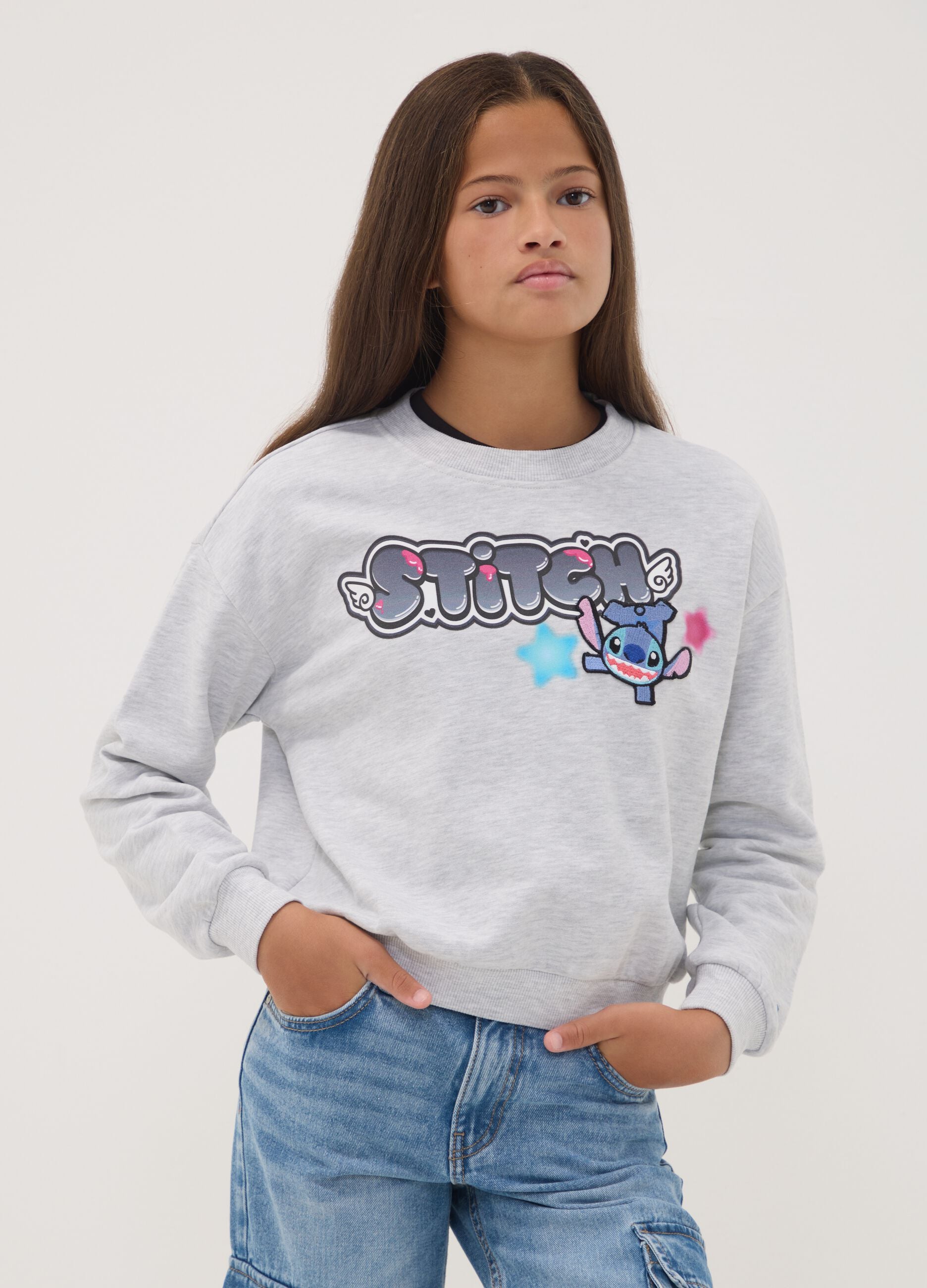 Grey cotton-blend sweatshirt with ribbed neckline and Lilo & Stitch print