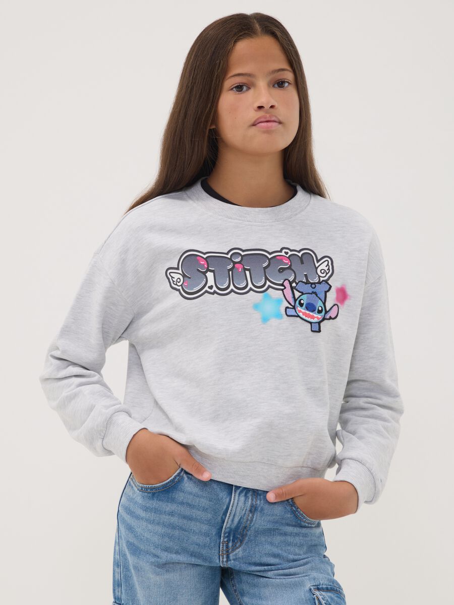 Grey cotton-blend sweatshirt with ribbed neckline and Lilo & Stitch print_1