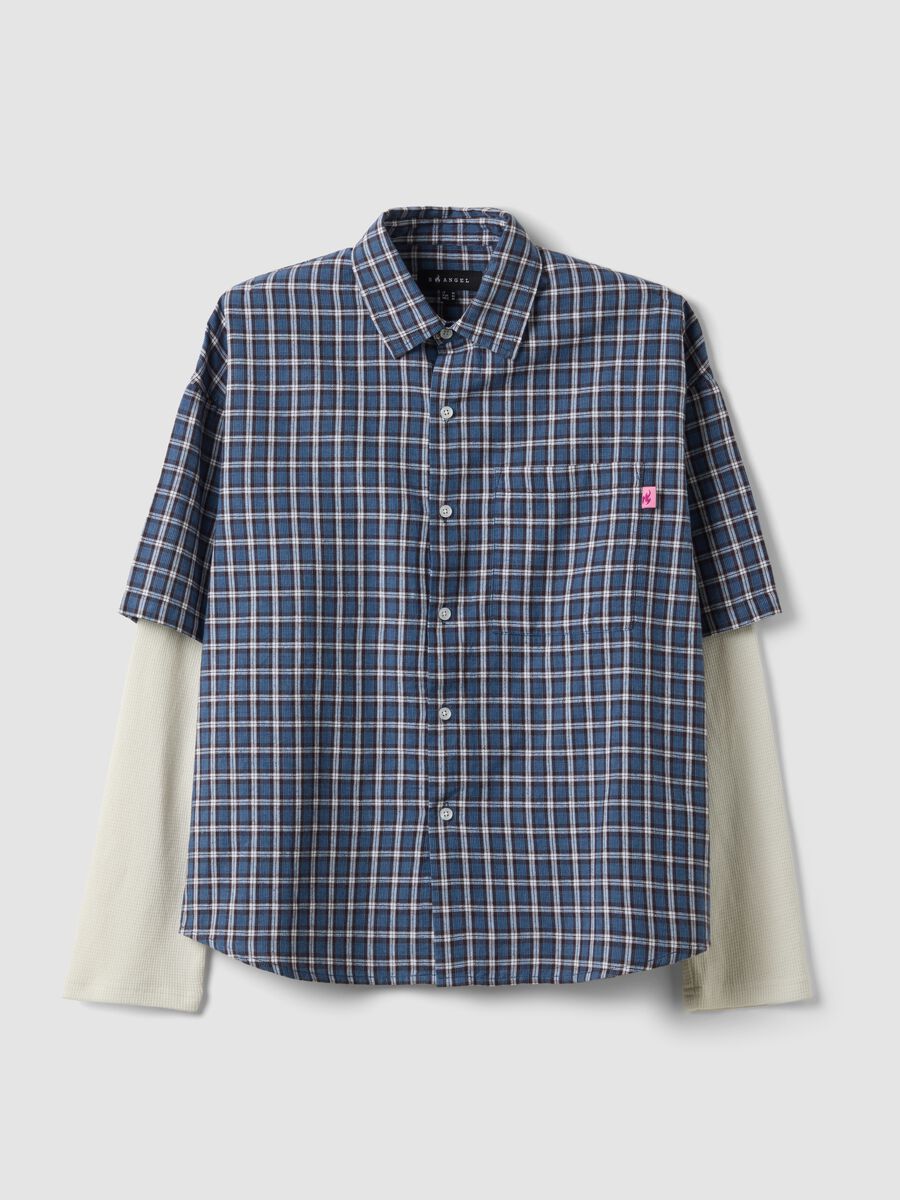 Camicia cropped blu a quadri in puro cotone con maniche doppie over fit_0