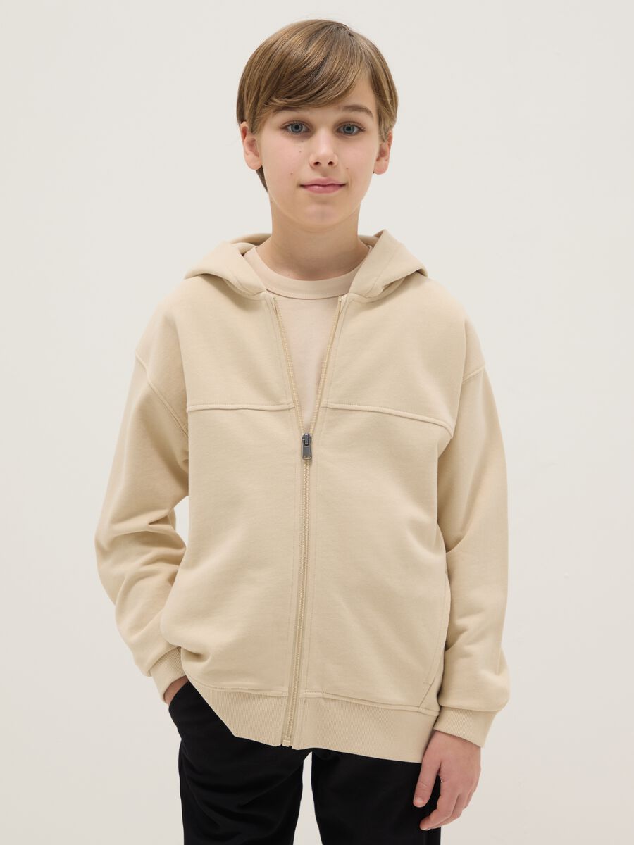 Beige hoodie for boys in pure cotton, oversized fit with hood and zip_0