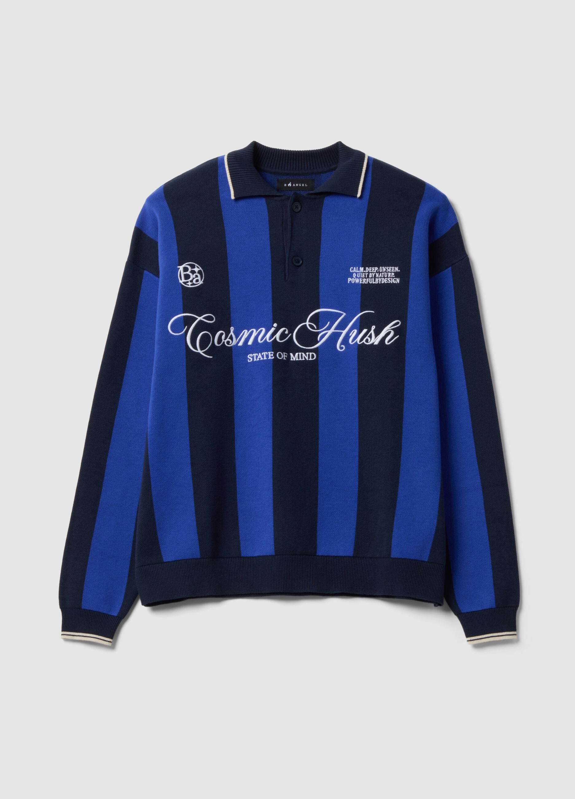 Blue and Black Pure Cotton Polo-Collar Knit Top, Oversized Fit