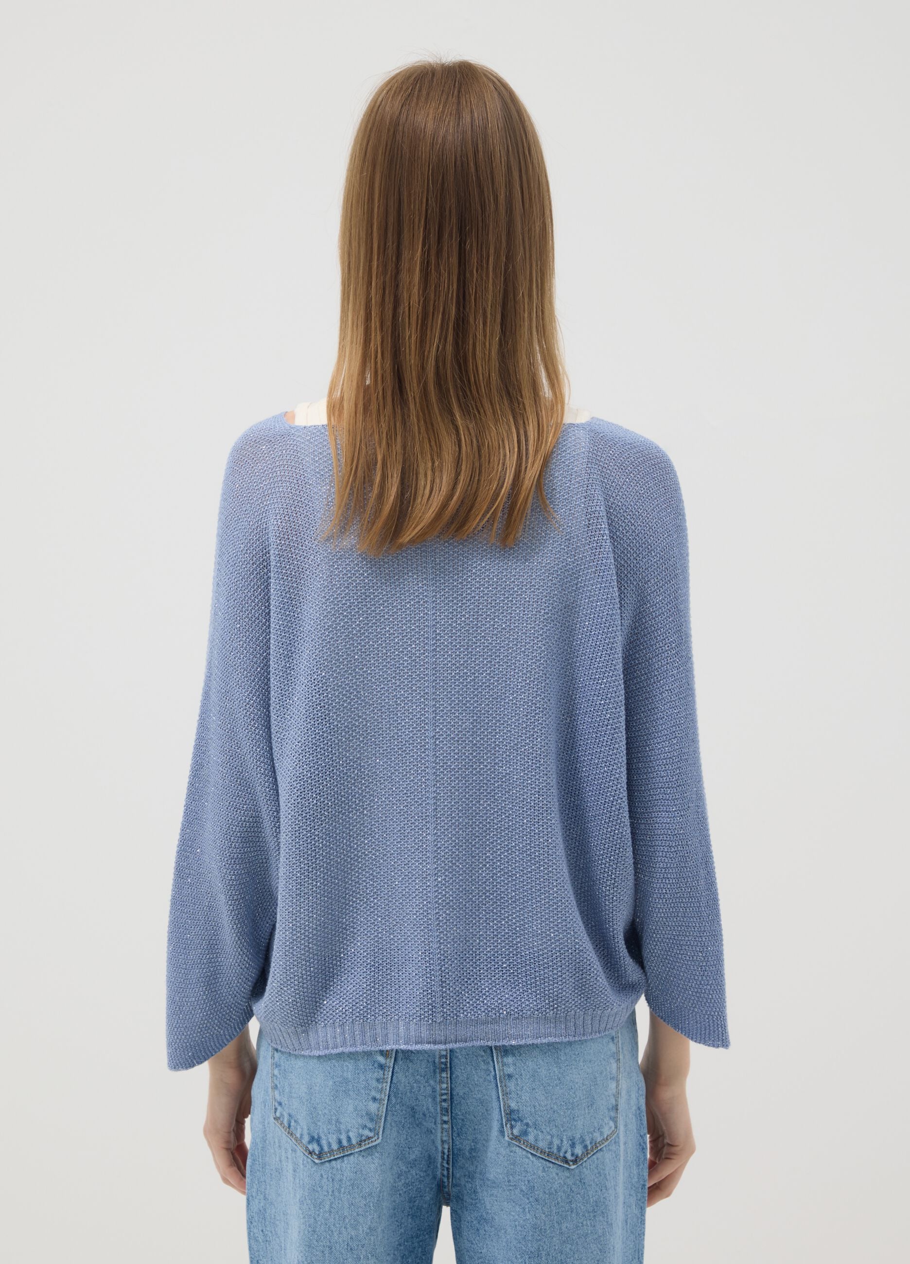 Light blue viscose and linen blend V-neck jumper
